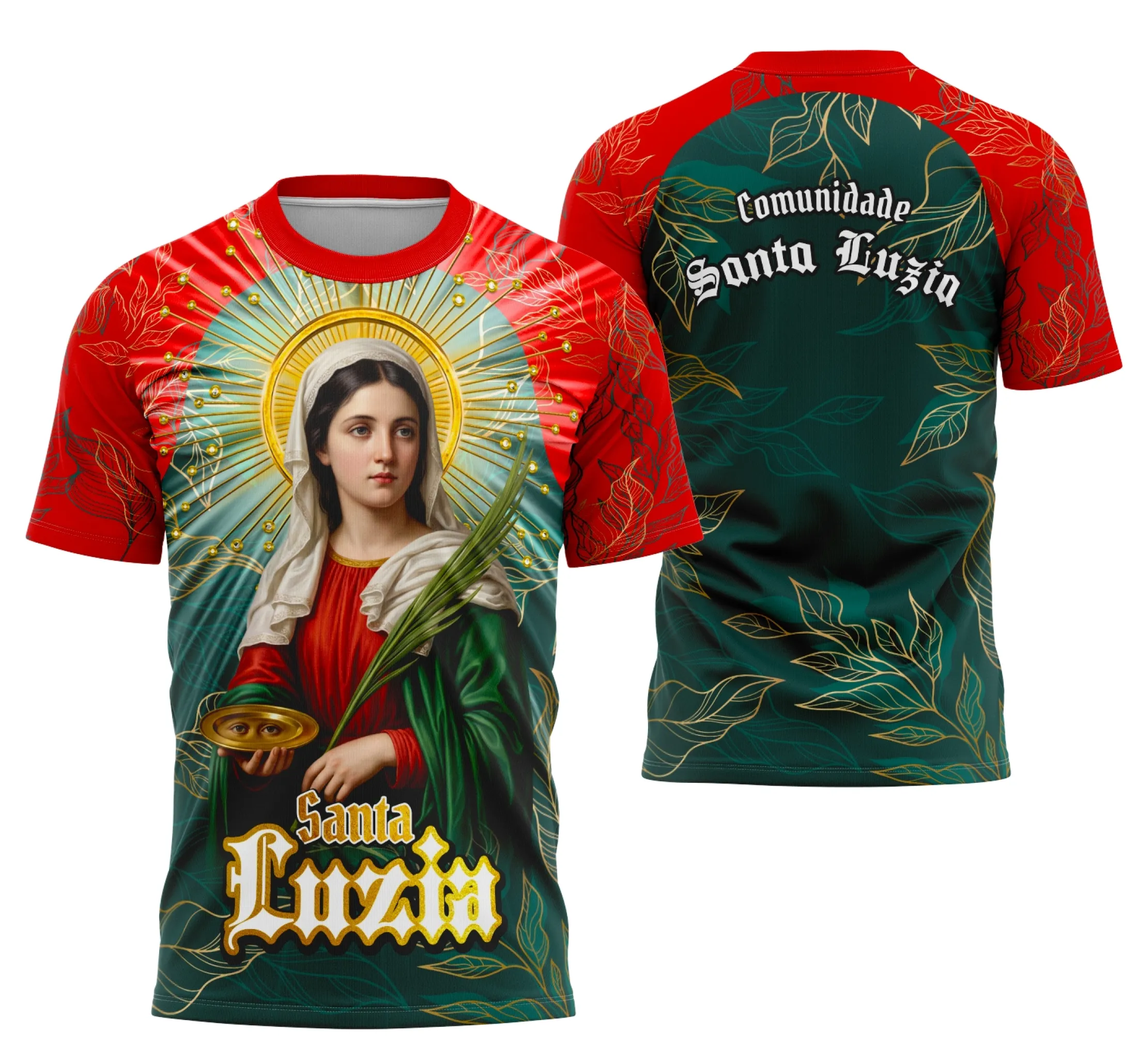 Foto de camisa com logo no peito e estampa grande nas costas, destacando elementos religiosos da Santa Luzia com design moderno que une tradição e fé em uma peça visualmente impactante.