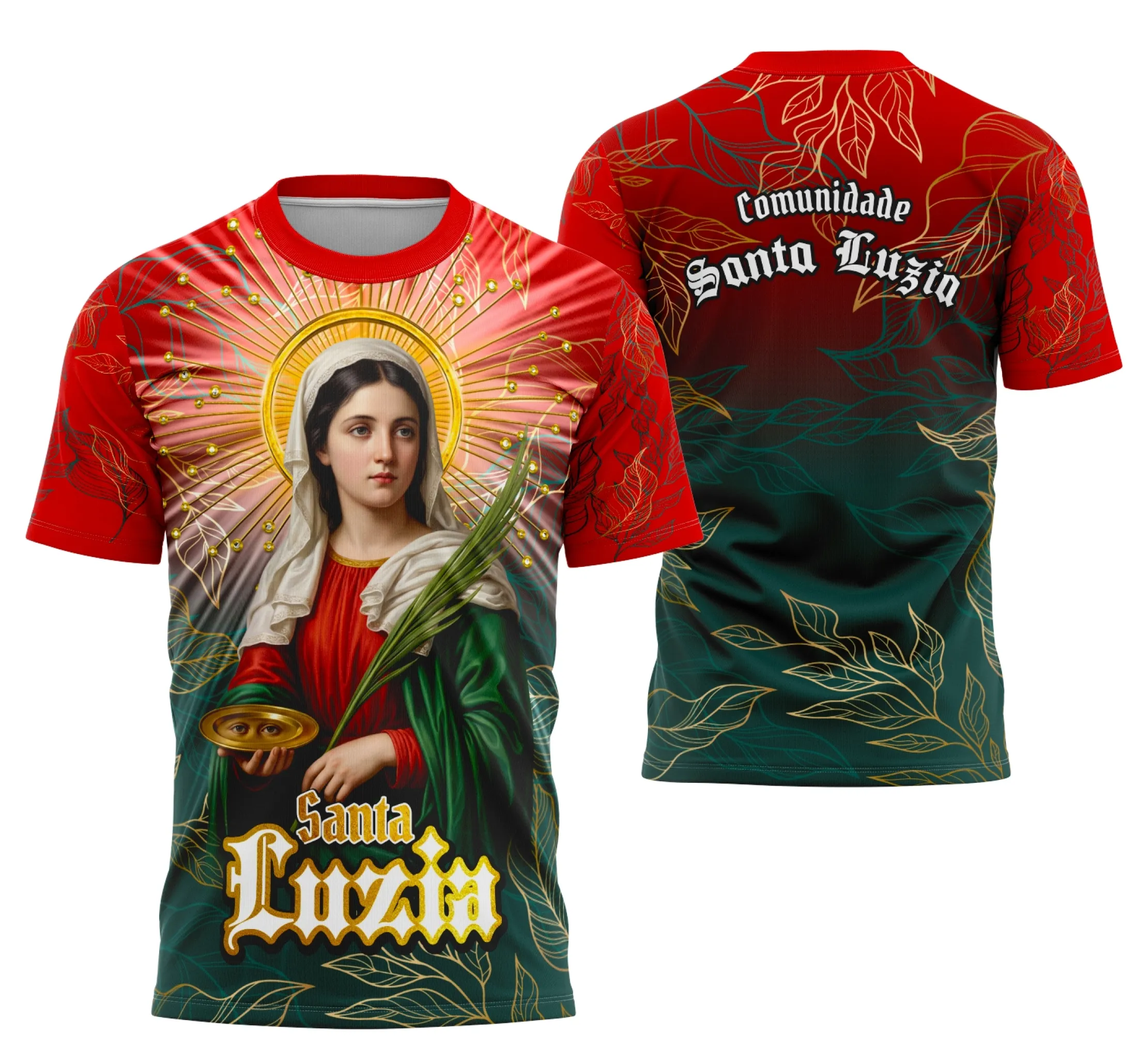 Camiseta unissex preta com logo no peito e estampa grande nas costas com tema Santa Luzia Fé e Tradição, ideal para quem valoriza tradição e fé em estilo moderno.