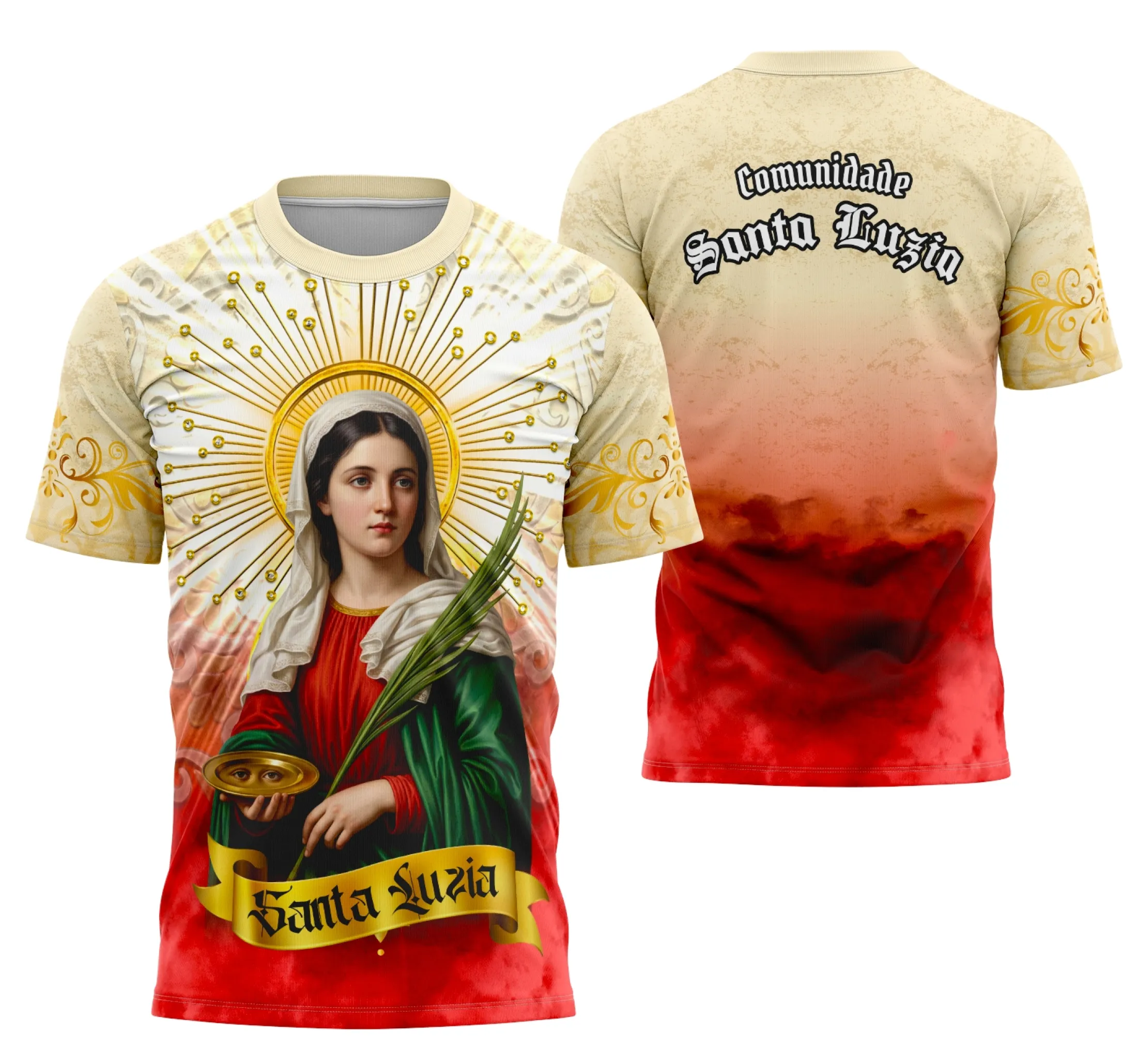 Camiseta unissex preta com logo no peito e estampa grande nas costas, tema Santa Luzia Fé e Tradição, estilo moderno e confortável para uso casual e religioso.