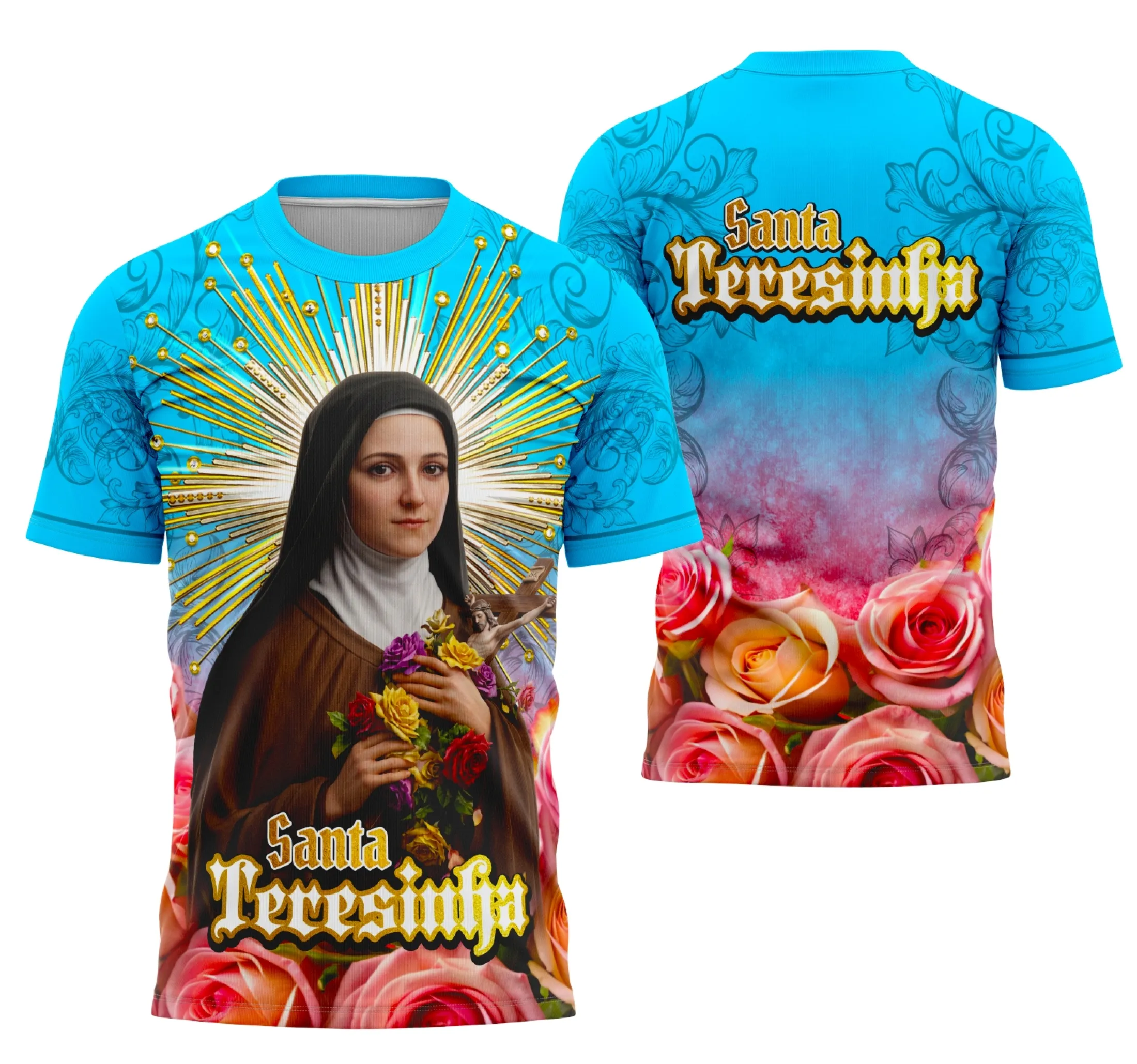 Camisa final com logo no peito e estampa grande nas costas mostrando imagem inspiradora de Santa Teresinha, com design moderno e detalhes delicados que destacam a fé e espiritualidade.