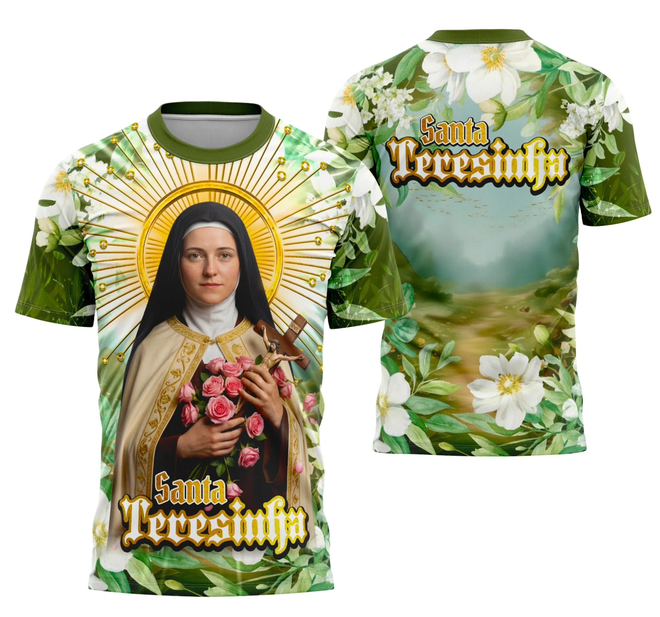 Imagem da camisa com logo no peito e estampa grande nas costas representando Santa Teresinha com detalhes religiosos marcantes e design harmonioso, ideal para quem valoriza a fé e a espiritualidade.