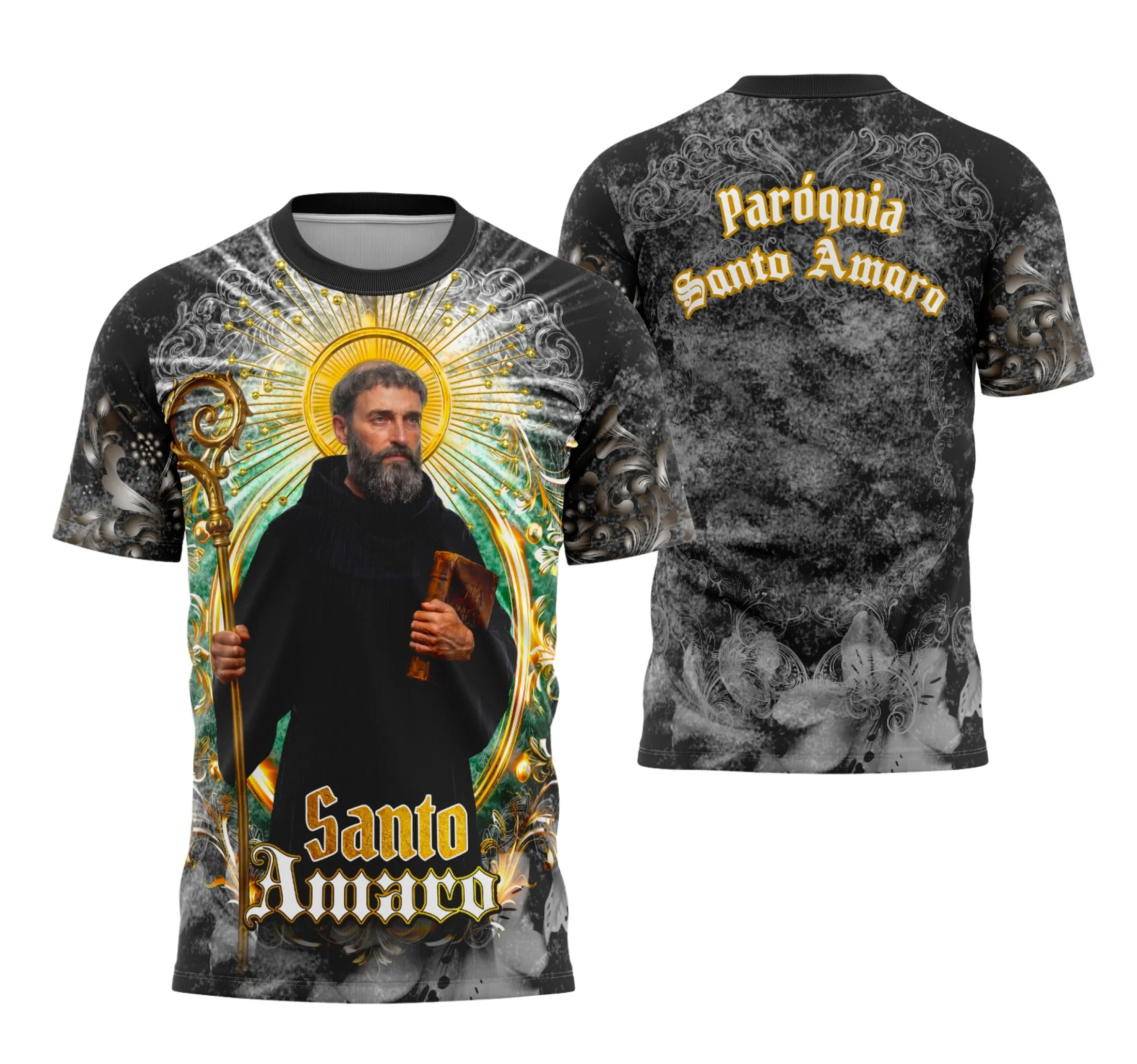 Camisa com logo no peito e estampa grande nas costas que traz design inspirado na religiosidade, com elementos que remetem à fé e tradição sagrada, perfeito para quem valoriza símbolos religiosos e quer um visual marcante.