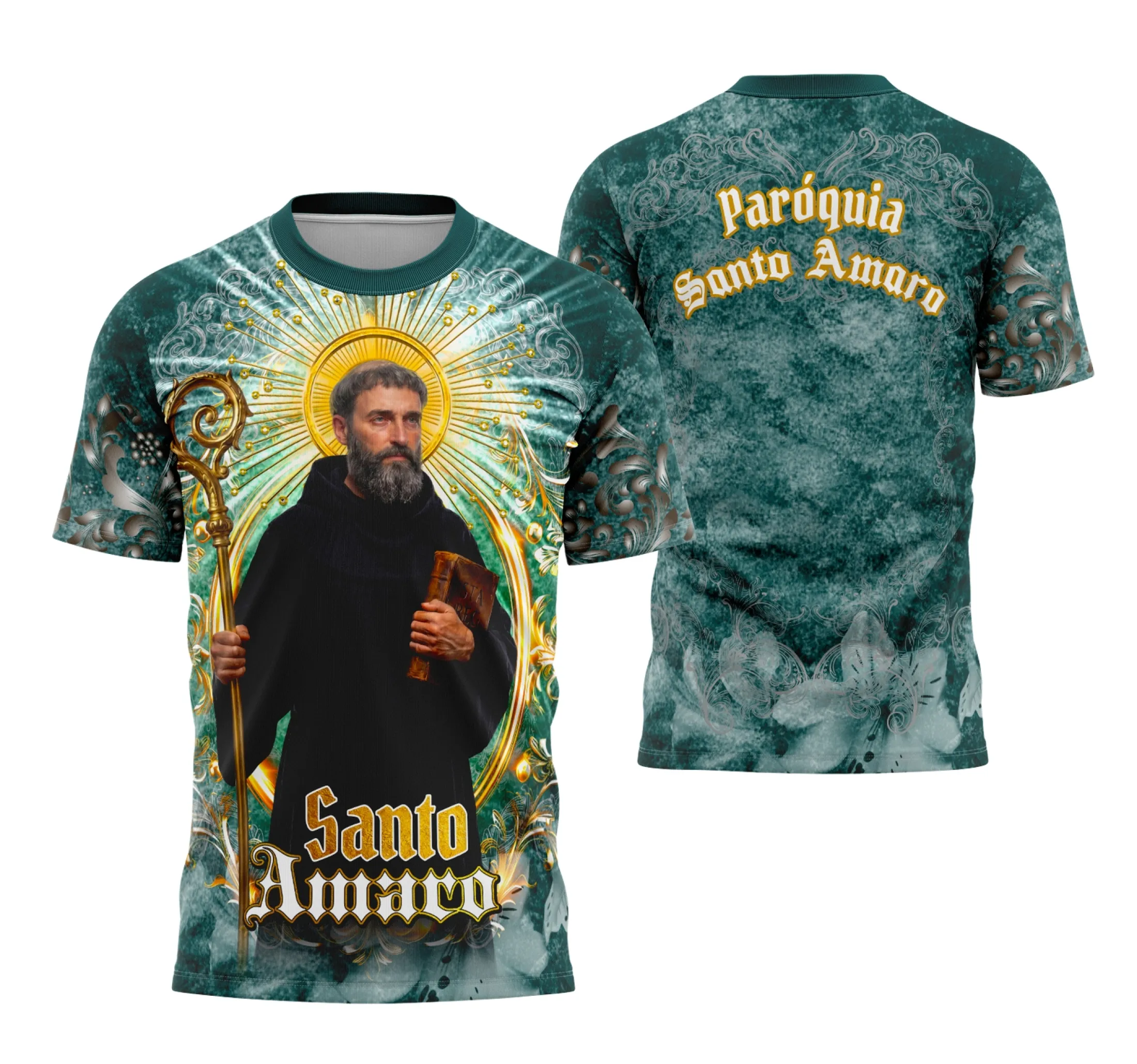 Camisa com logo no peito e uma estampa grande nas costas que destaca elementos religiosos com um estilo moderno e atraente, ideal para quem aprecia temas espirituais e cultura local.