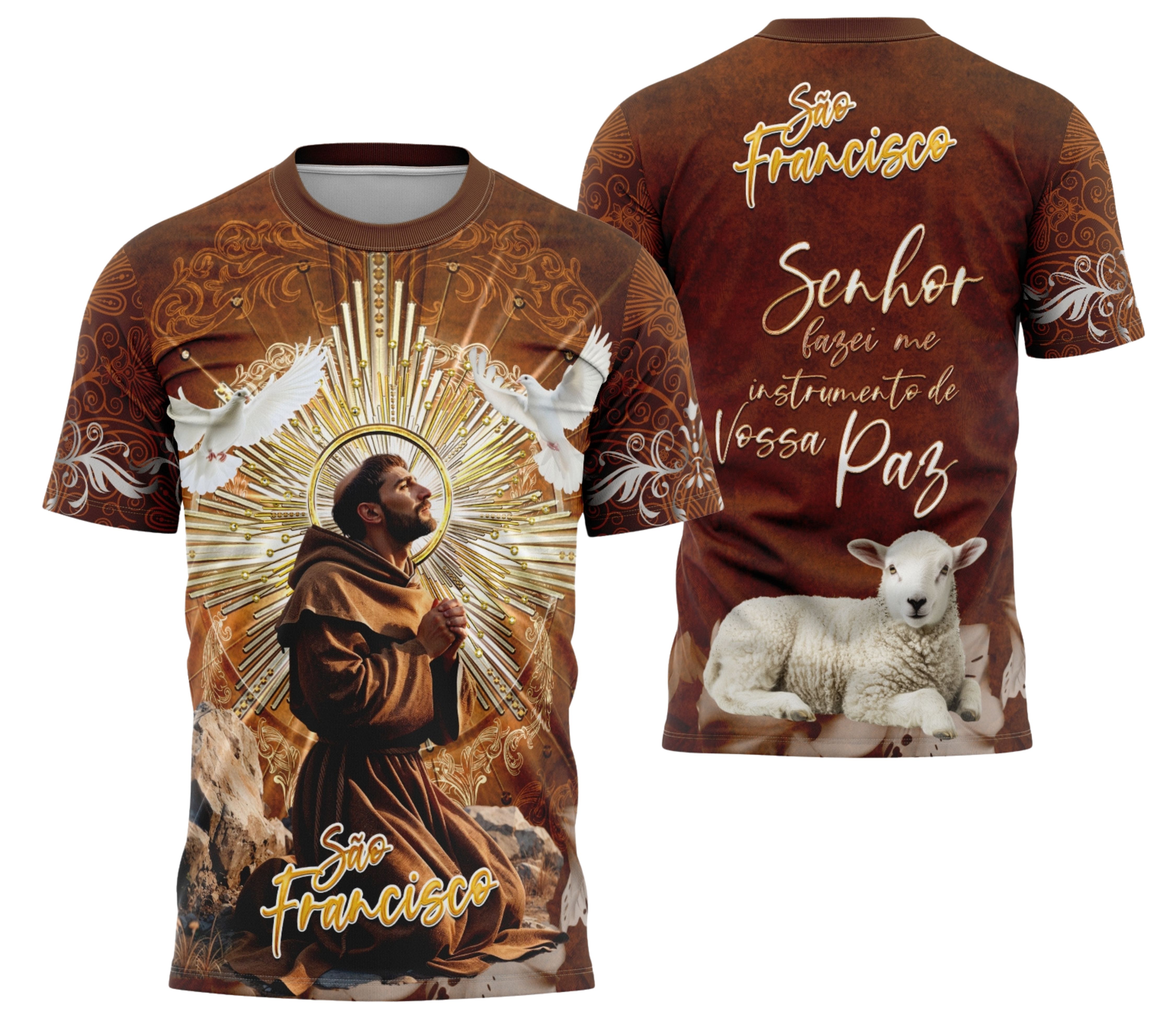 Camiseta unissex preta com logo no peito e estampa grande nas costas, tema São Francisco 2025 Espírito e Fé, design moderno e cheio de significado.