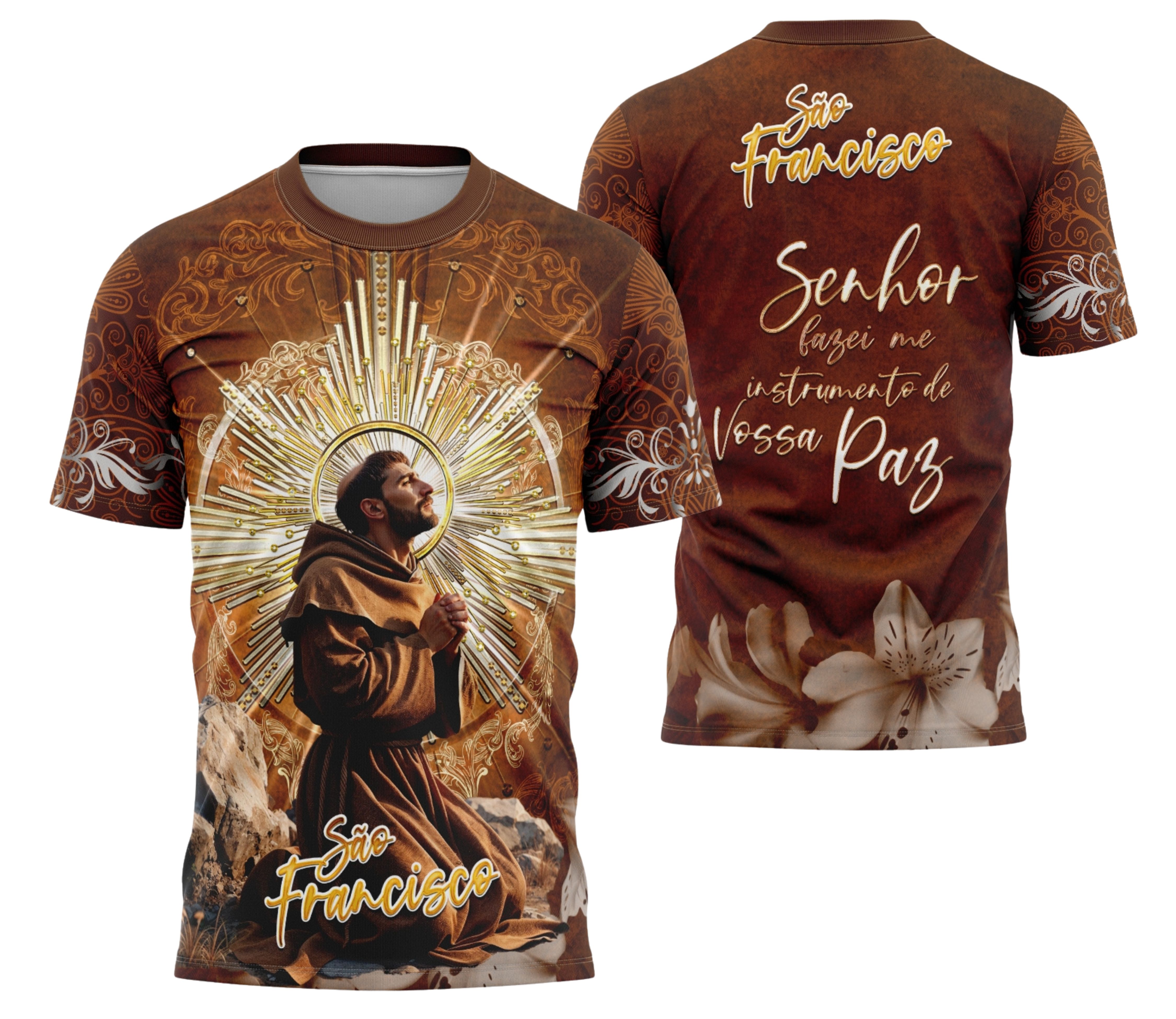 Camisa com logo no peito discreto e estampa grande nas costas com temática de São Francisco 2025, destacando elementos religiosos e design moderno para evento especial.