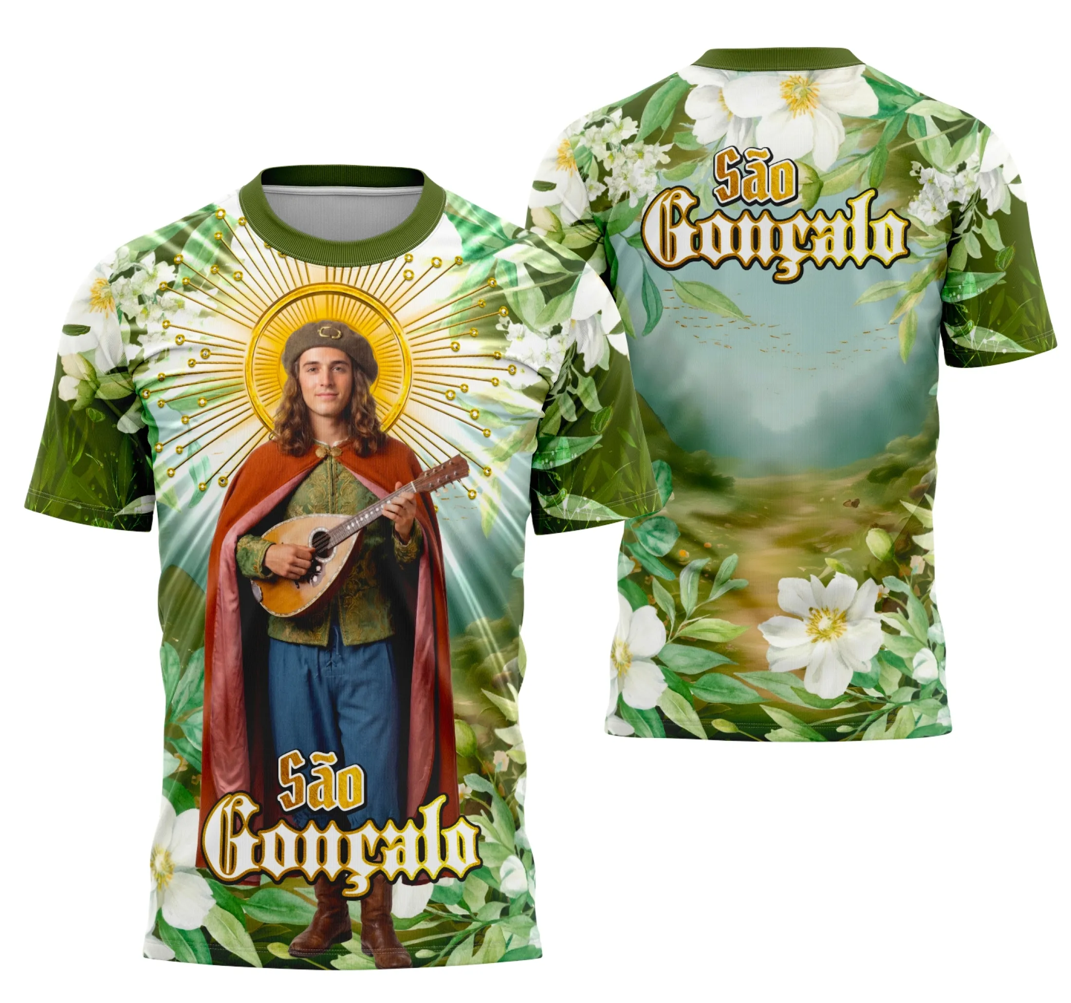 Camisa branca com logo no peito de São Gonçalo em estilo clássico e uma estampa grande nas costas com arte detalhada da imagem religiosa, destacando a fé e a tradição católica.