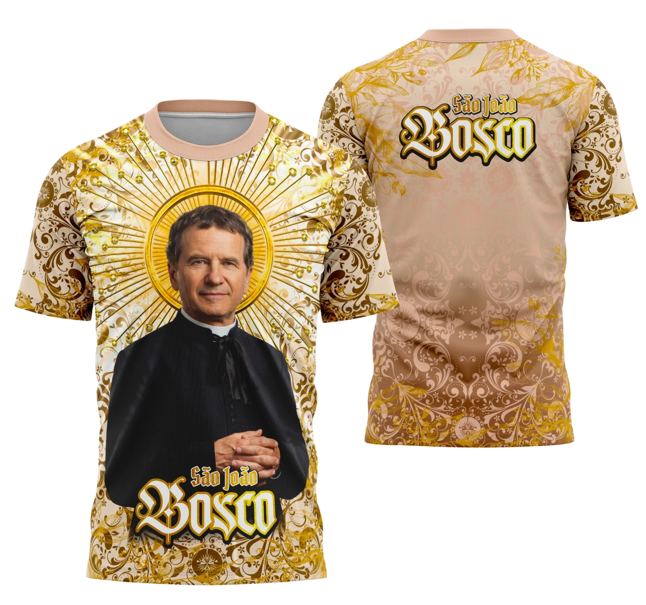 Imagem da camisa com logo no peito e estampa grande nas costas, destacando símbolos católicos e tema de São João Bosco em estilo festivo perfeito para celebrações religiosas.