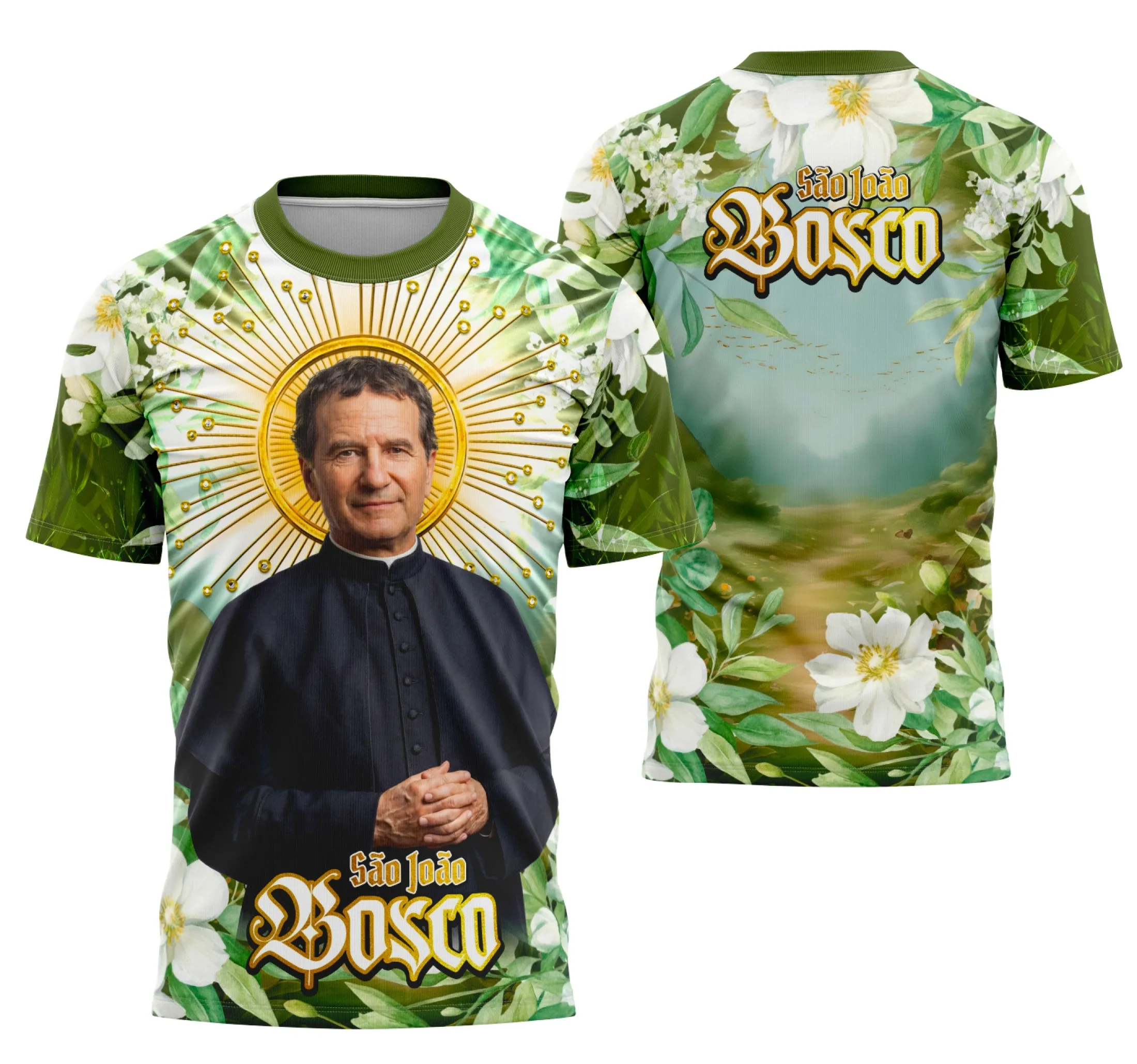 Imagem da camisa com logo no peito e estampa grande nas costas exibindo design religioso de São João Bosco em estilo católico, combinando tradição e fé em uma peça marcante.