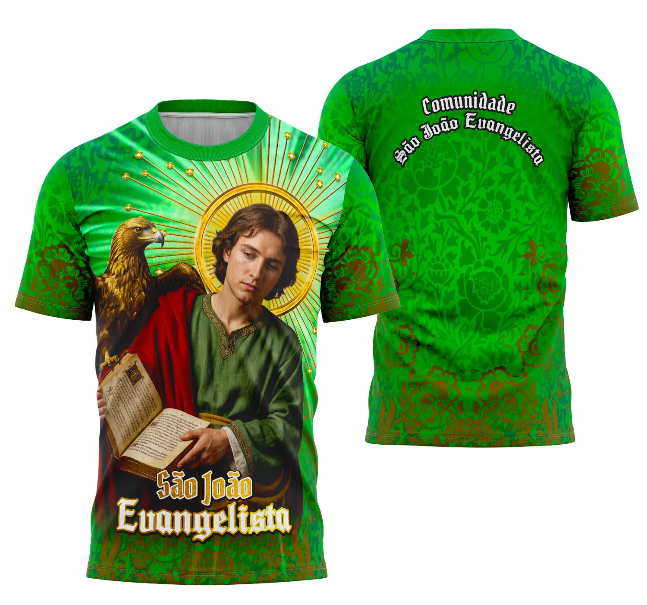 Camisa branca com logo no peito com imagem de São João Evangelista e estampa grande nas costas contendo símbolos religiosos em tons delicados, ideal para celebrações católicas e momentos de fé.