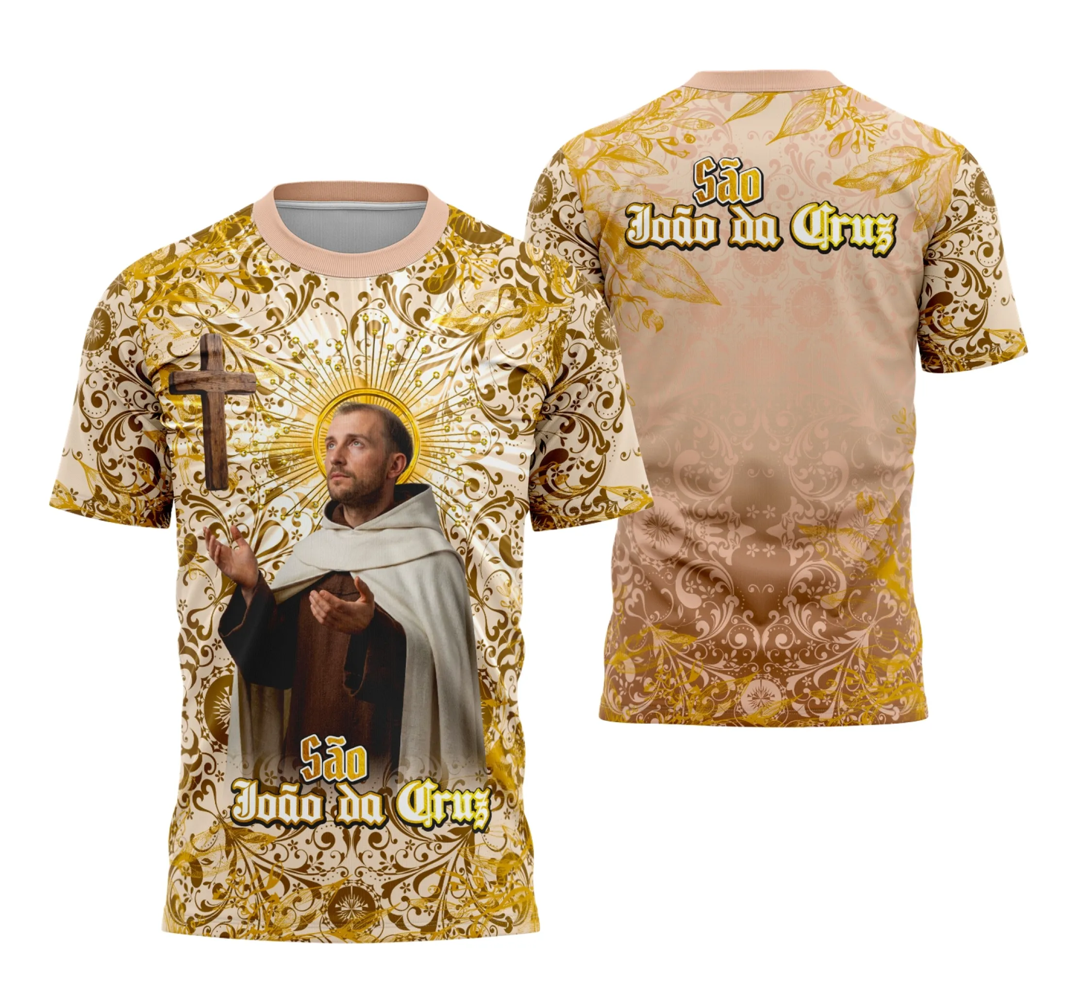 Camisa com logo no peito e estampa grande nas costas, apresentando arte inspirada em São João da Cruz com símbolos católicos, cores suaves e design harmonioso que transmite fé e espiritualidade.