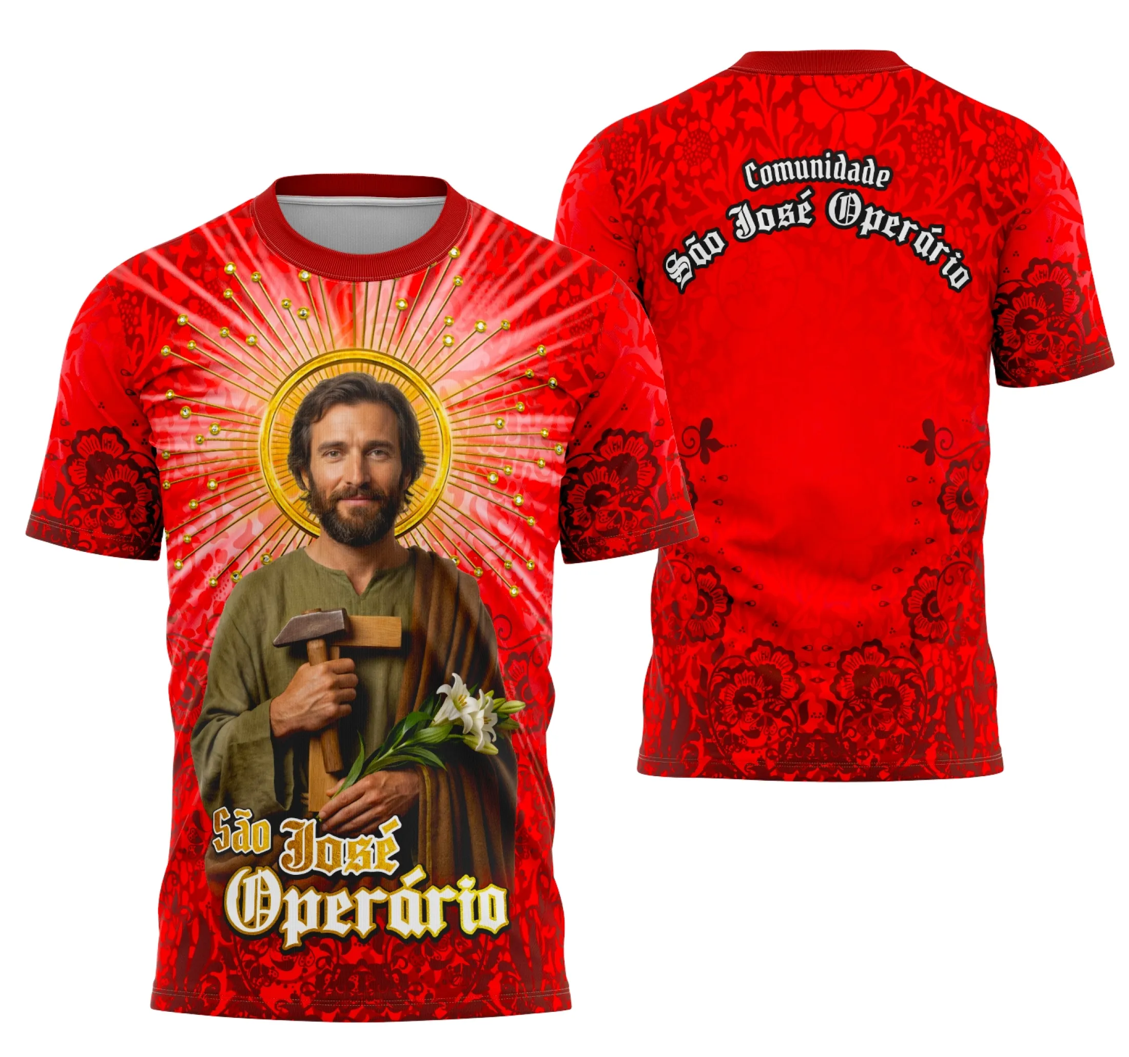 Camiseta unissex branca com logo no peito e estampa grande nas costas do São José Operário, ideal para devotos que buscam fé e estilo em uma peça confortável.