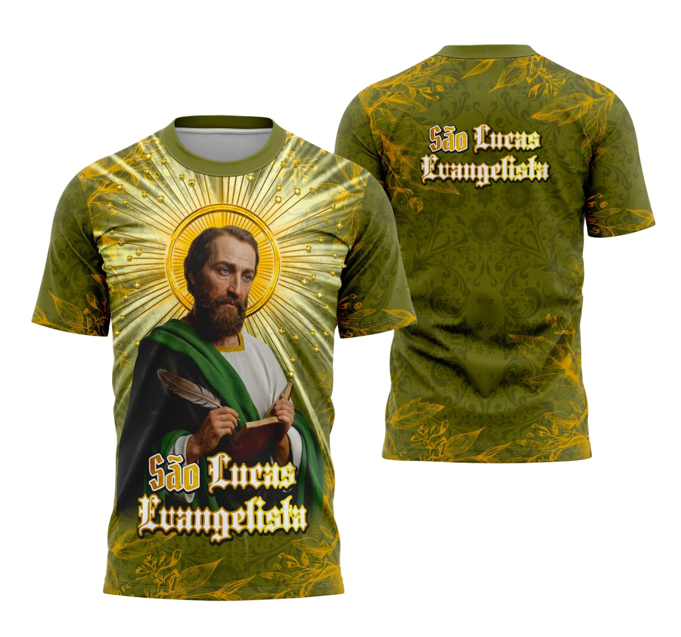 Camisa com logo no peito representando São Lucas Evangelista e estampa grande nas costas exibindo detalhes artísticos religiosos, destacando o estilo espiritual e moderno.