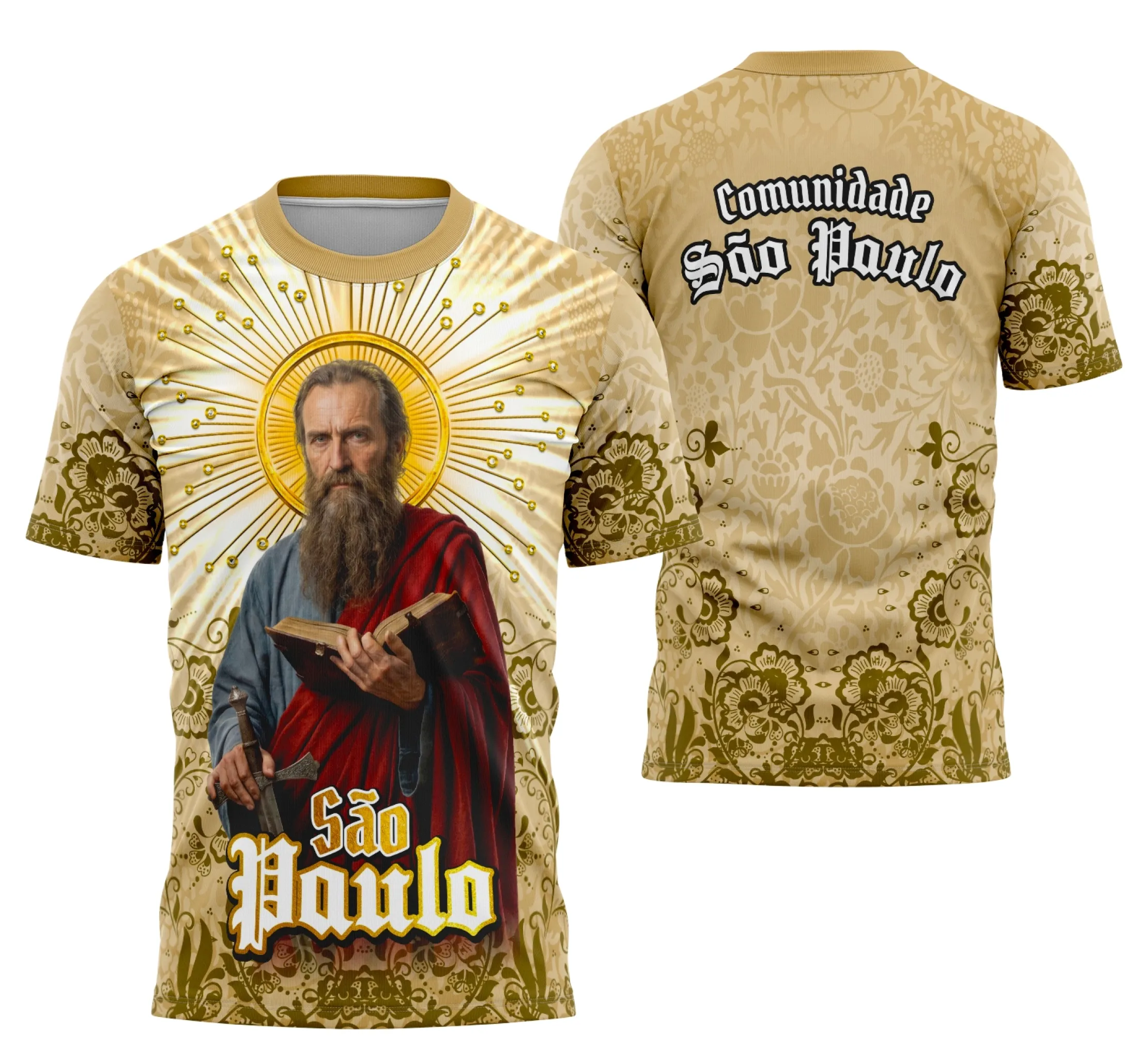 Camisa com logo no peito do São Paulo Apóstolo e estampa grande nas costas que destaca símbolos católicos, ideal para quem busca estilo e fé em uma única peça.
