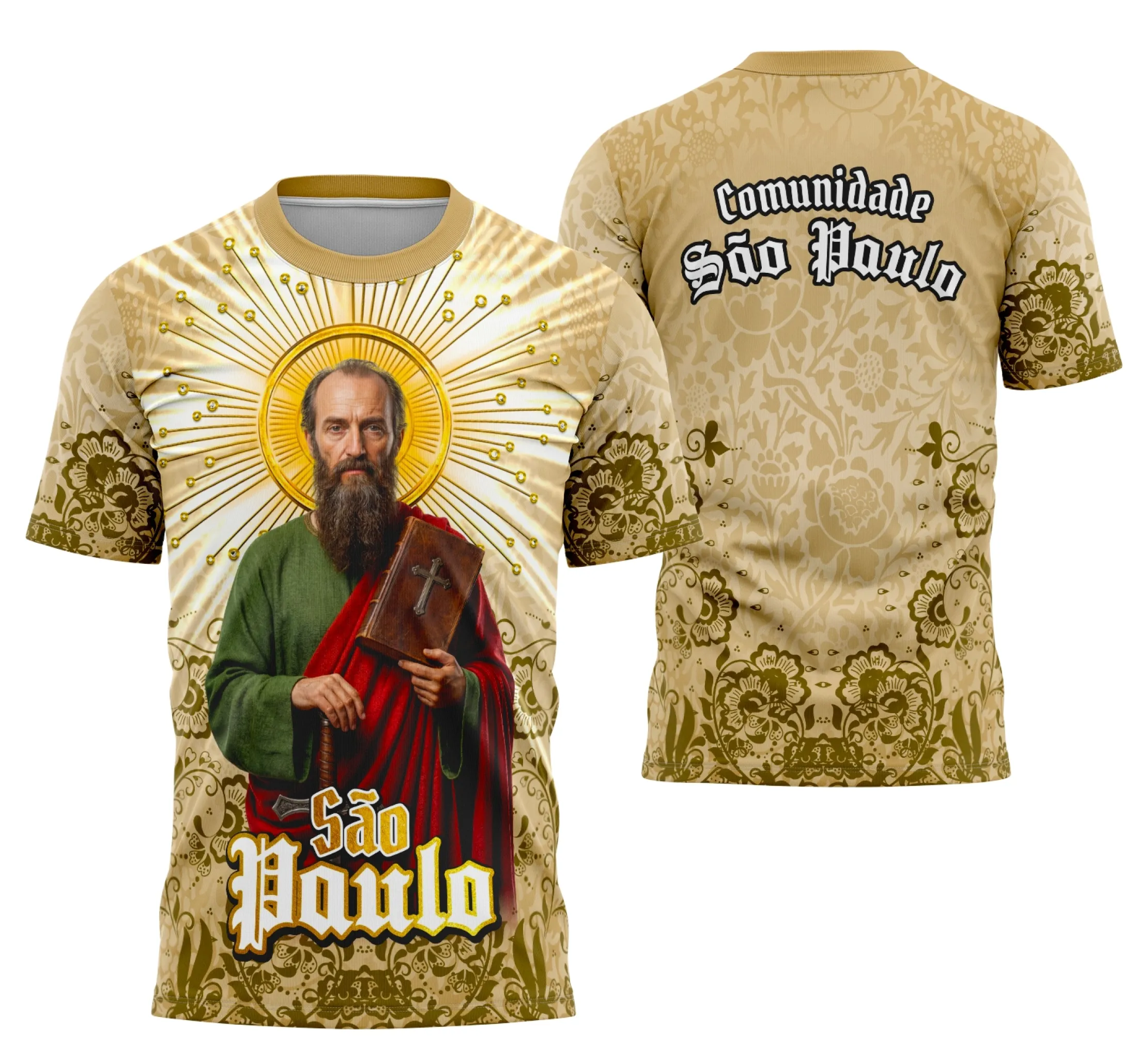 Camisa com logo no peito representando São Paulo Apóstolo e estampa grande nas costas mostrando detalhes religiosos em alta qualidade que valorizam o estilo católico com cores vibrantes e design marcante.
