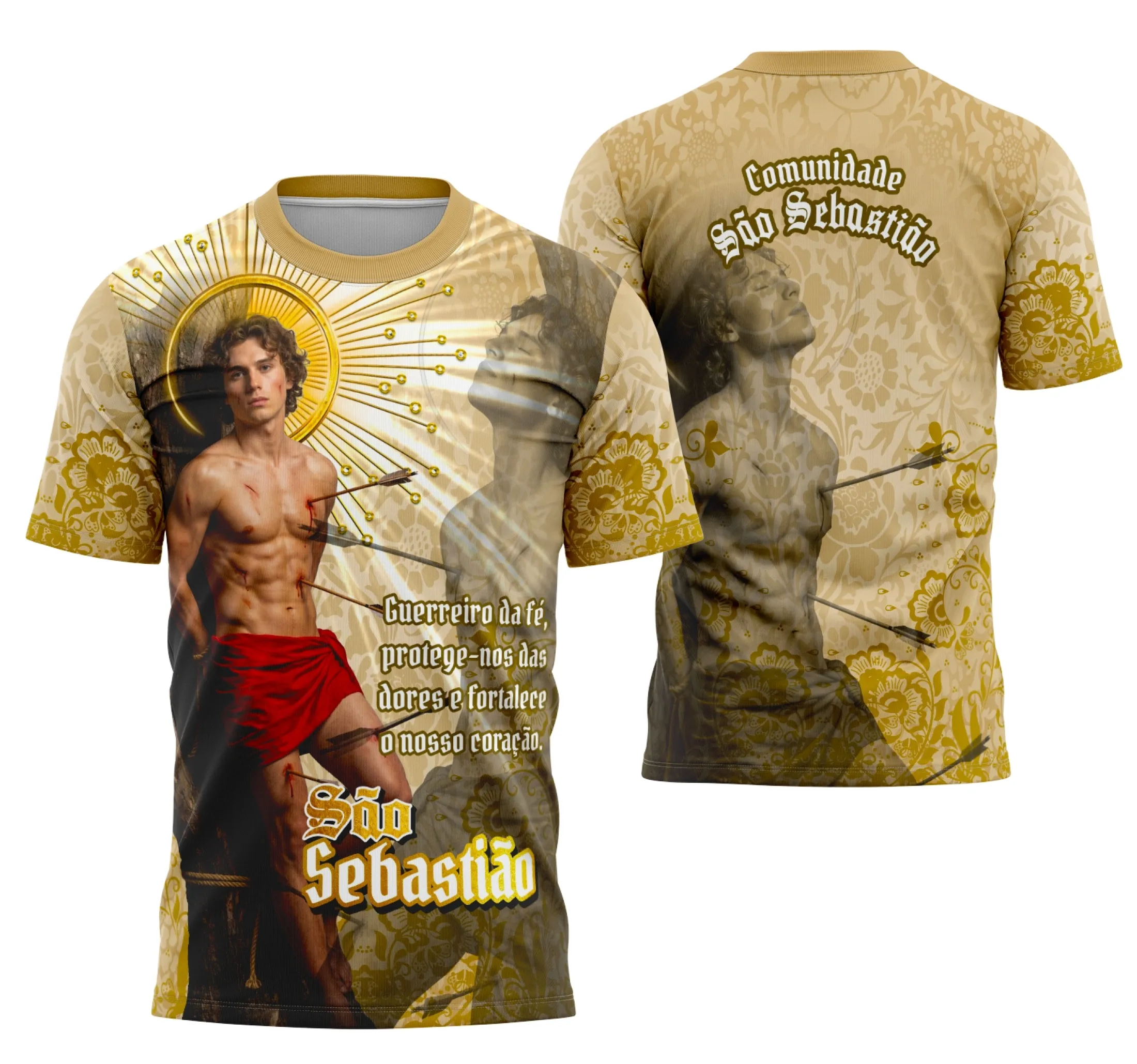 Imagem da camisa com logo no peito e estampa grande nas costas exibindo arte exclusiva de São Sebastião 2026, detalhes religiosos e design marcante em estilo moderno e sofisticado.