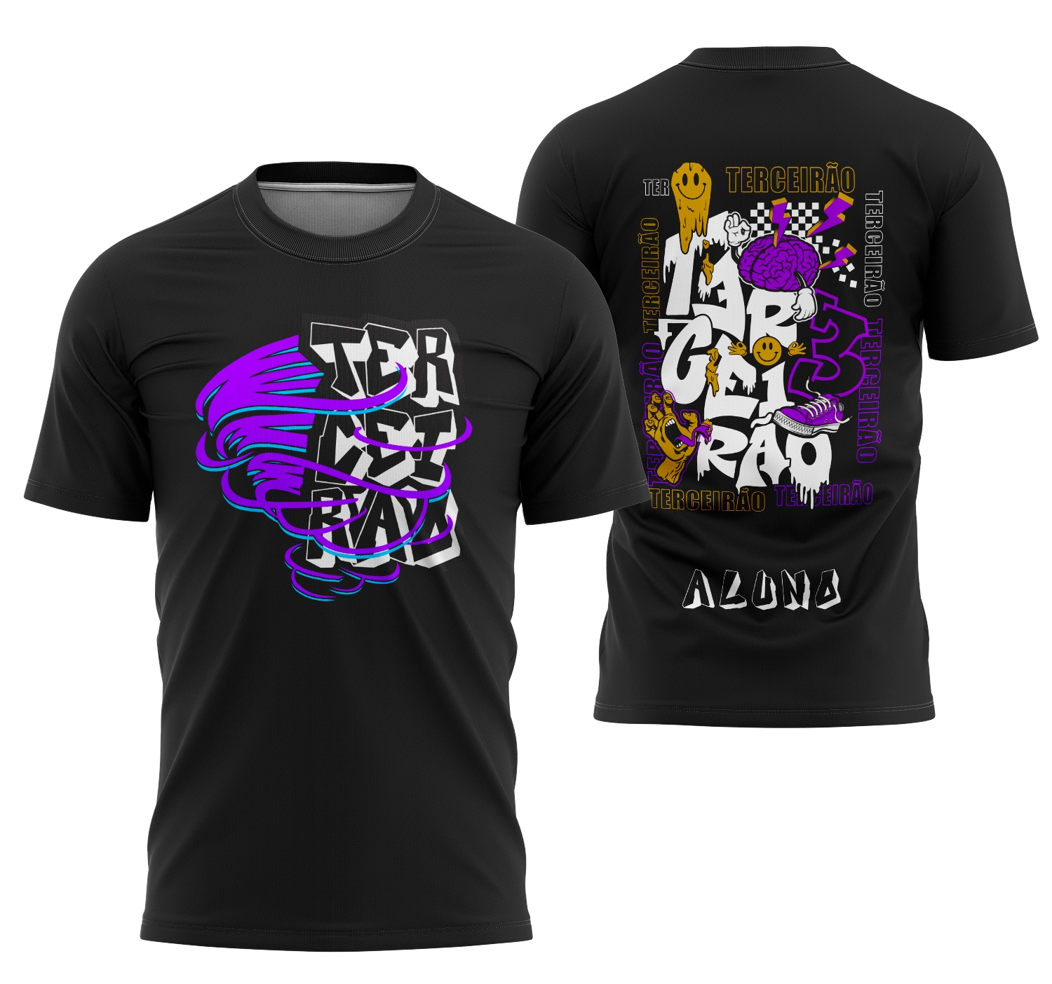Camiseta unissex preta com logo no peito e estampa grande nas costas, tema Terceirão 2026, ideal para estudantes modernos e turmas comemorativas.