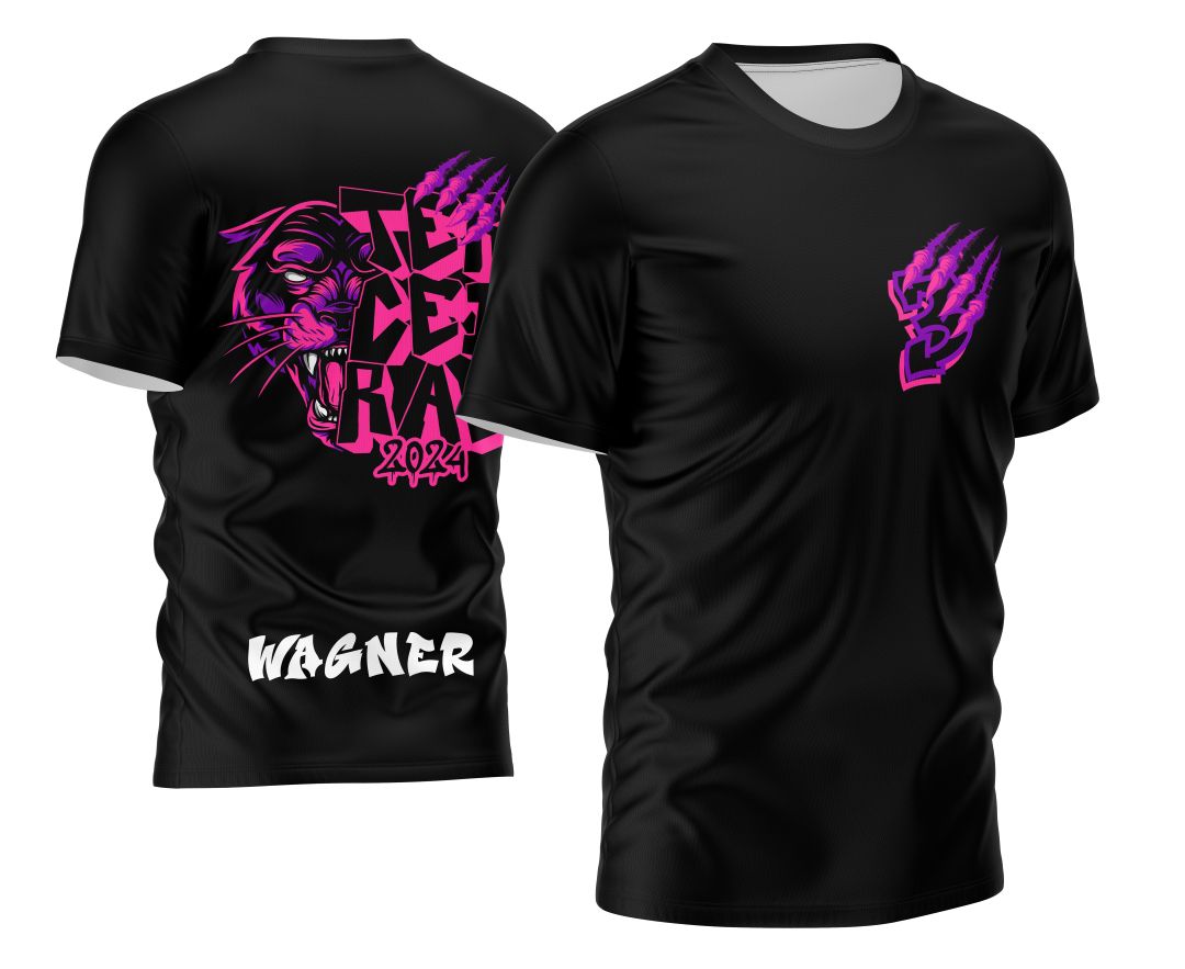 Camisa Terceirão 2026 com logo no peito e estampa grande nas costas, destacando uma pantera estilizada em design marcante e cheio de personalidade para celebrar a turma.