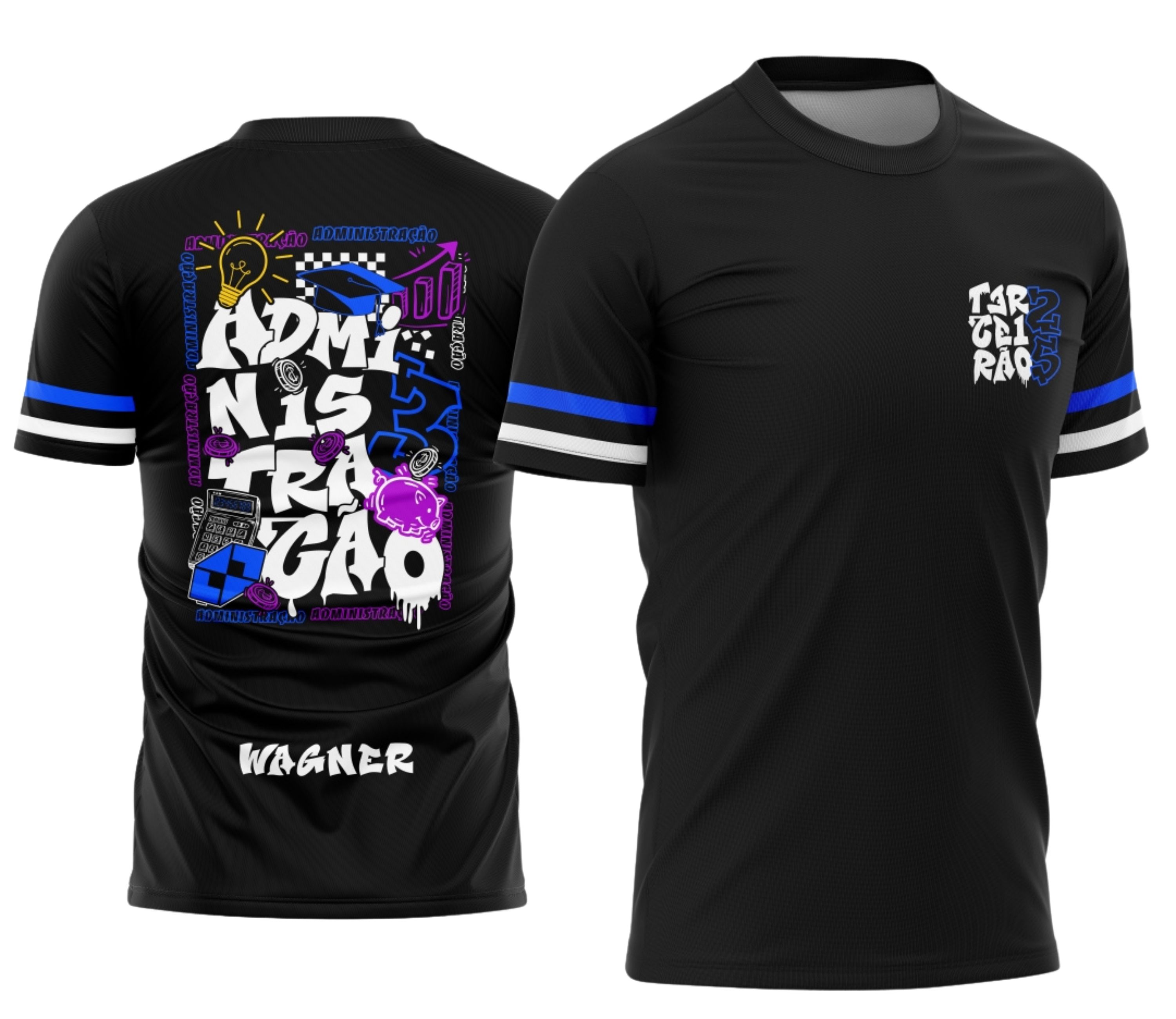 Camisa final com logo pequeno no peito e estampa grande nas costas destacando o tema de Terceirão Administração em design moderno e vibrante.