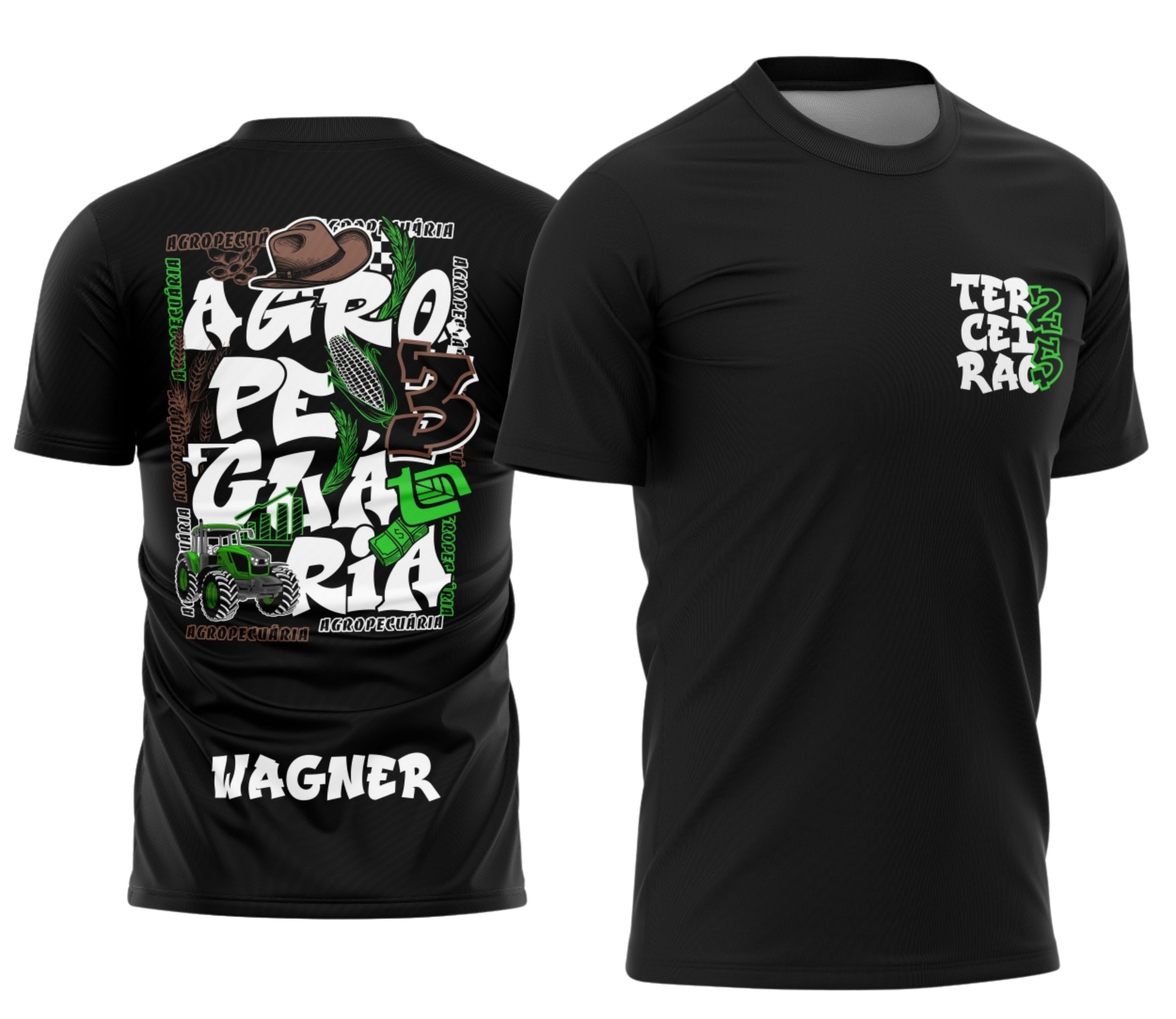 Camisa com logo no peito e estampa grande nas costas destacando o tema Agropecuária do Terceirão, visual moderno e marcante com cores vibrantes e design impactante.