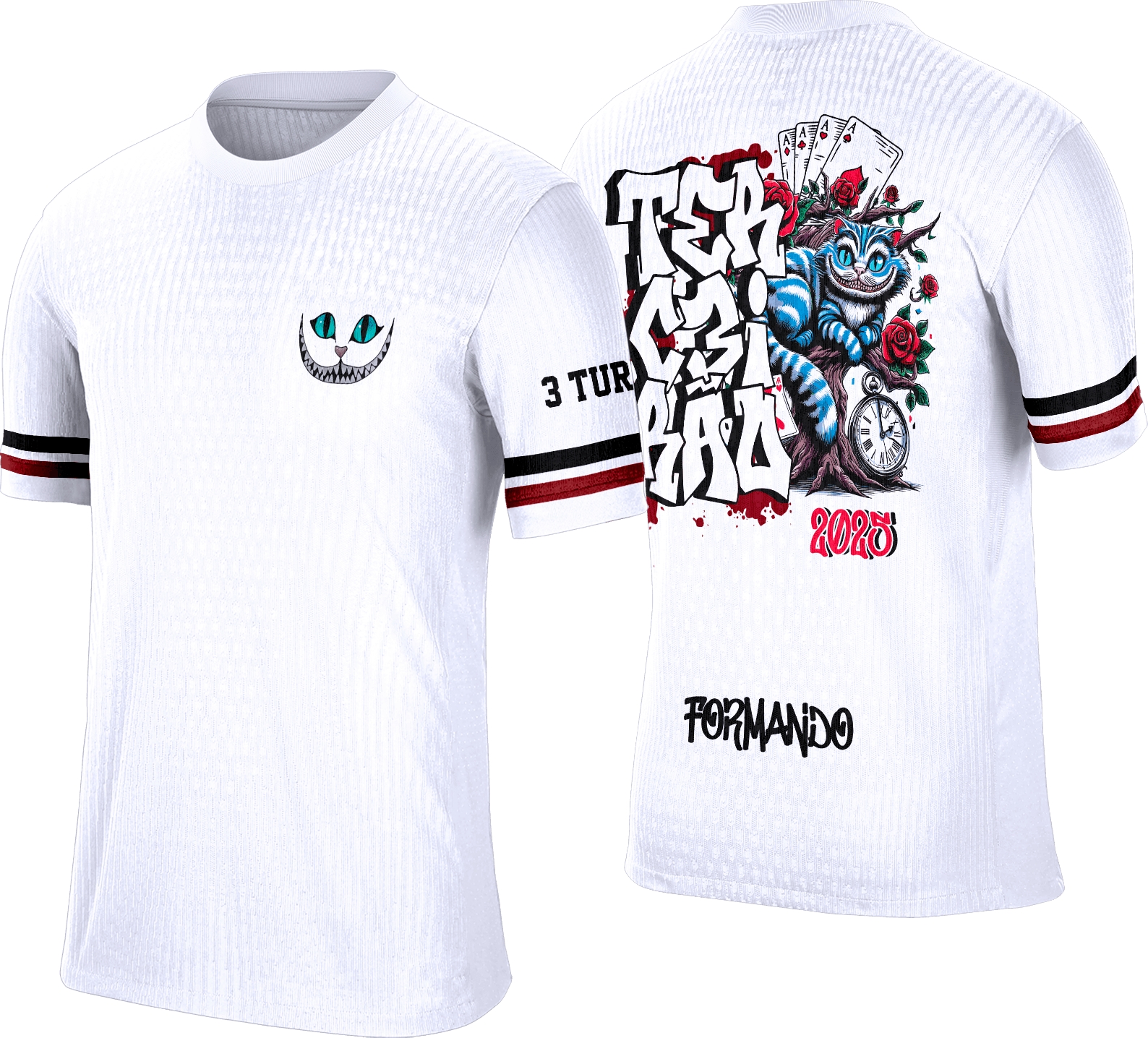 Foto de uma camisa com logo no peito e estampa grande nas costas inspirada no tema Alice no País das Maravilhas, estilo vintage e colorido, ideal para turmas do terceirão com visual único e marcante.