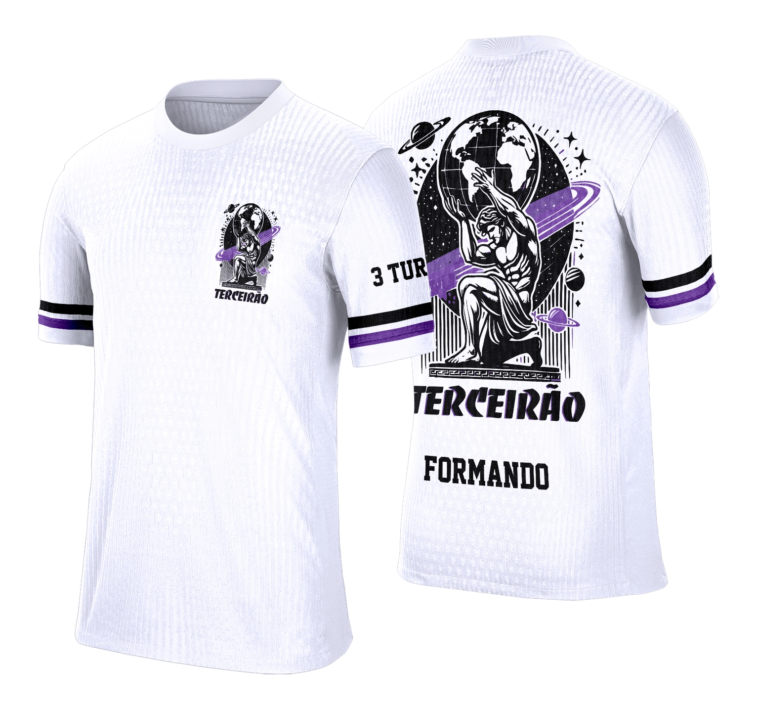 Camisa com logo no peito e estampa grande nas costas, retratando uma arte estilizada que remete ao Atlas, perfeita para celebrar o Terceirão com personalidade e estilo marcante.