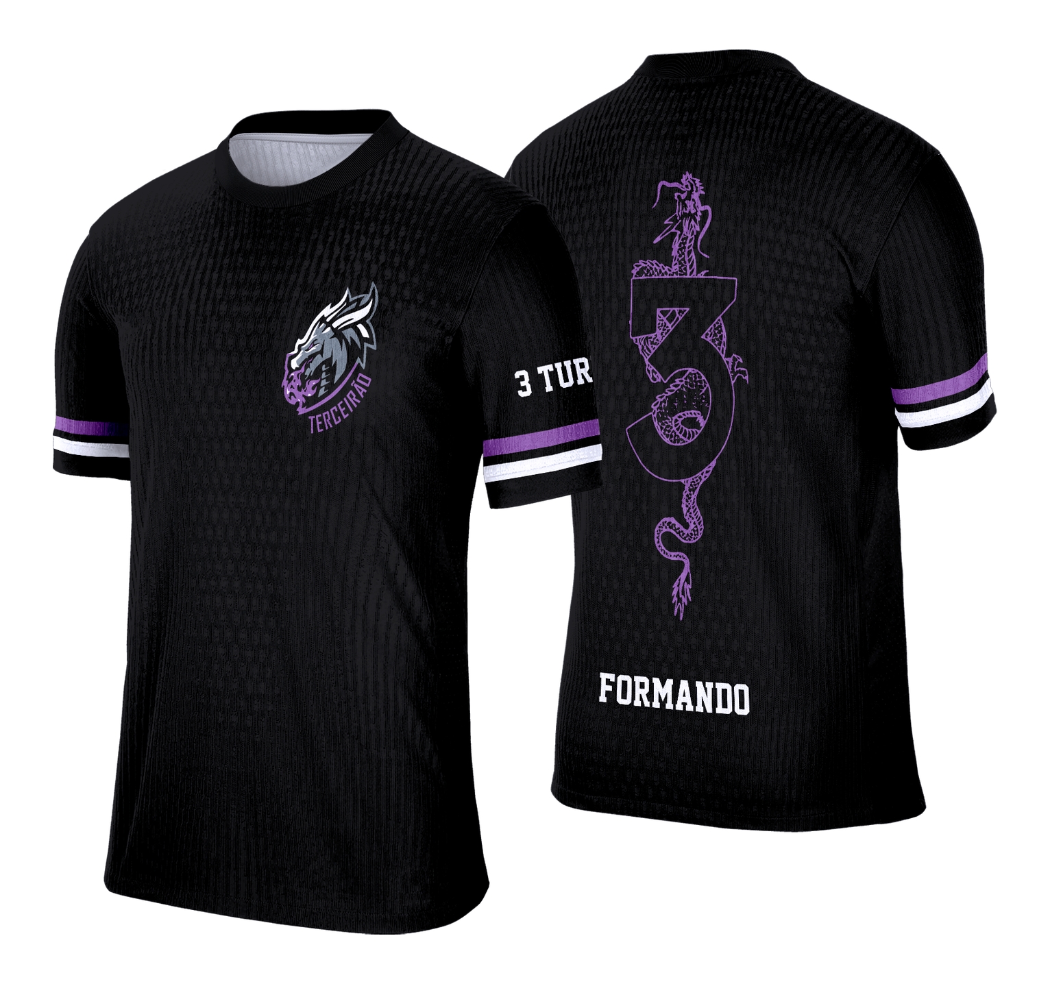 Camiseta unissex preta com logo no peito e estampa grande nas costas com Dragão Impactante para Terceirão, design moderno e vibrante para jovens finalistas.