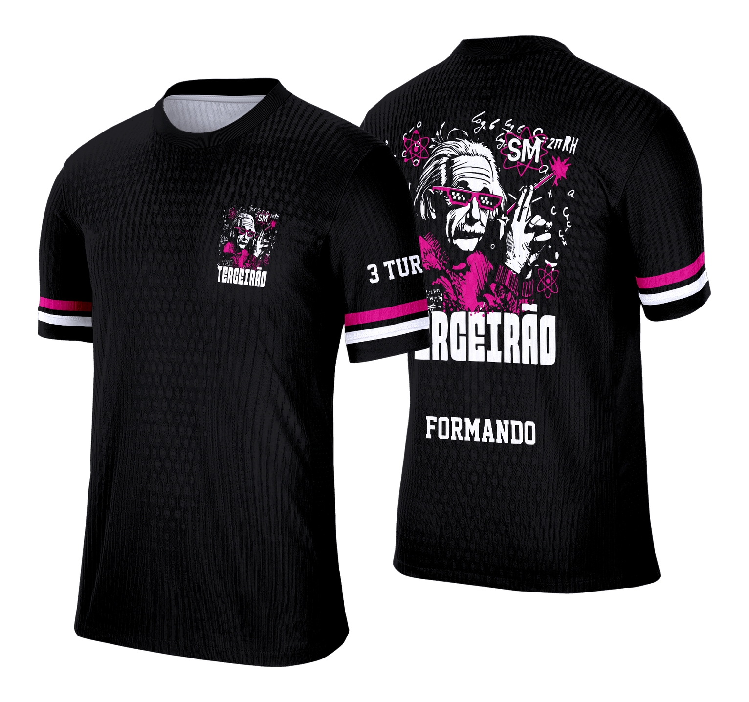 Camisa estilo Terceirão com logo no peito e estampa grande nas costas mostrando uma arte inspiradora de Einstein, perfeita para quem quer um visual moderno e com personalidade marcante no estilo faculdade.