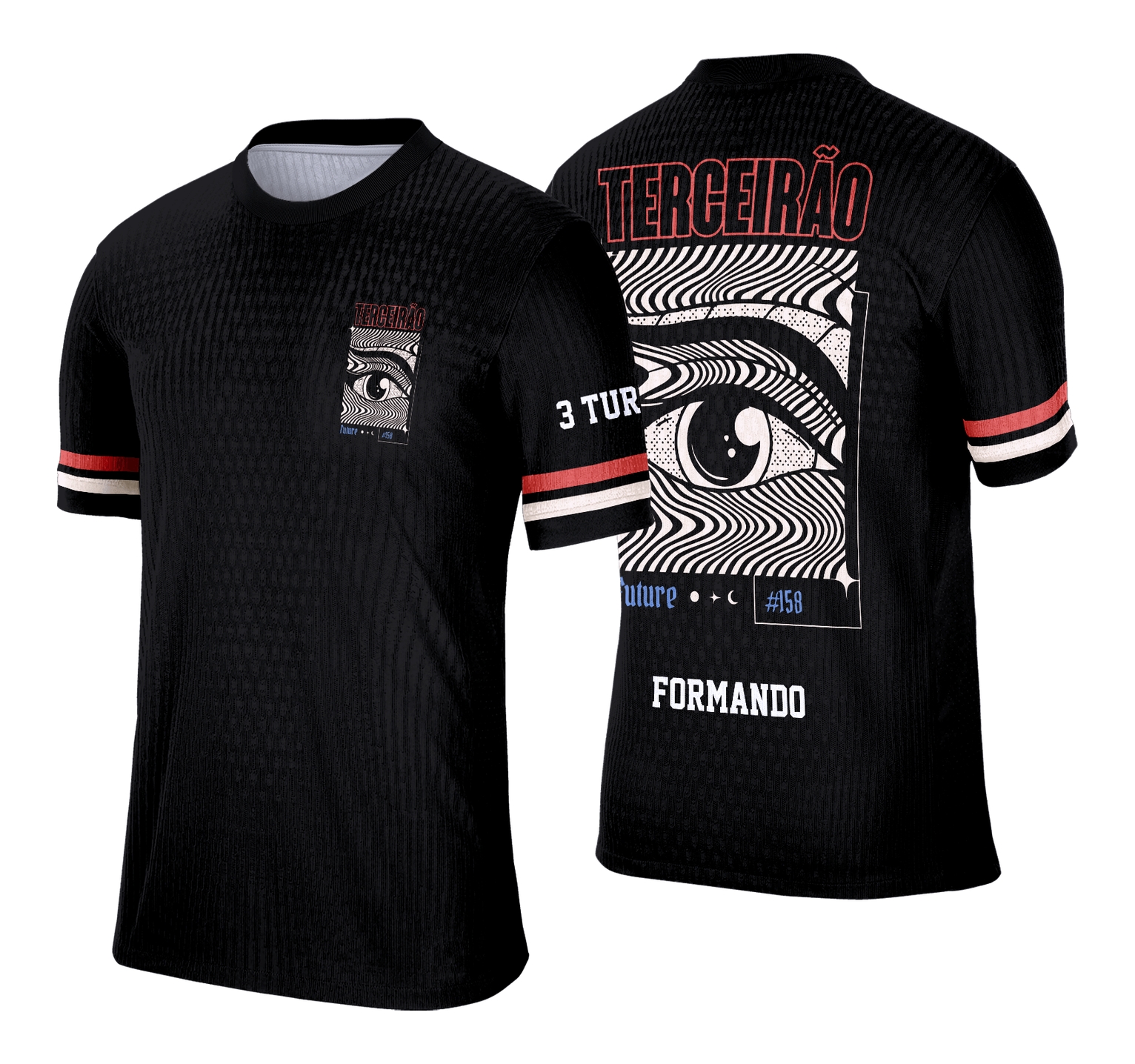 Camisa com logo no peito destacando a identidade do terceirão e estampa grande nas costas com arte futurista em estilo moderno e vibrante, transmitindo energia e originalidade para a turma.
