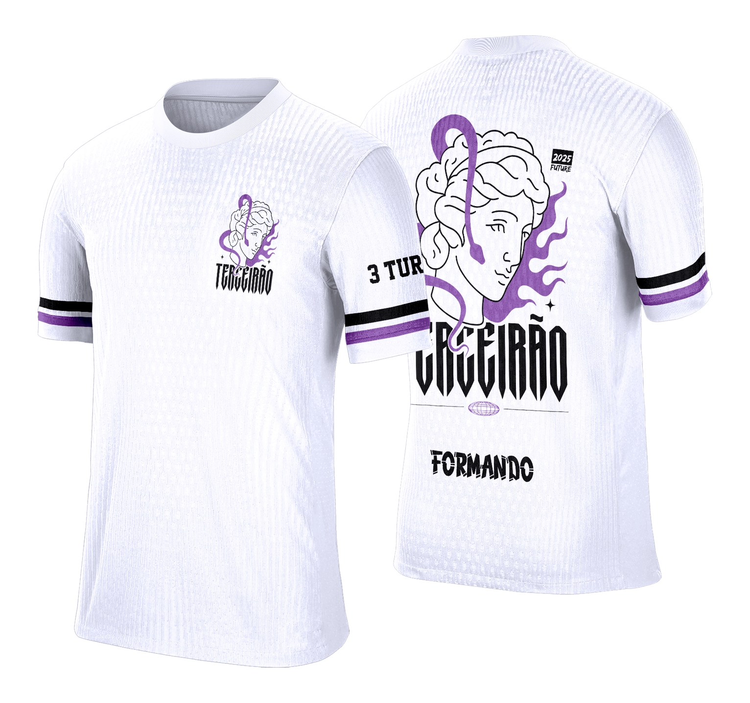 Camisa com logo no peito e estampa grande nas costas, exibindo design moderno e vibrante, perfeita para a turma do Terceirão que busca um estilo único e futurista no uniforme.
