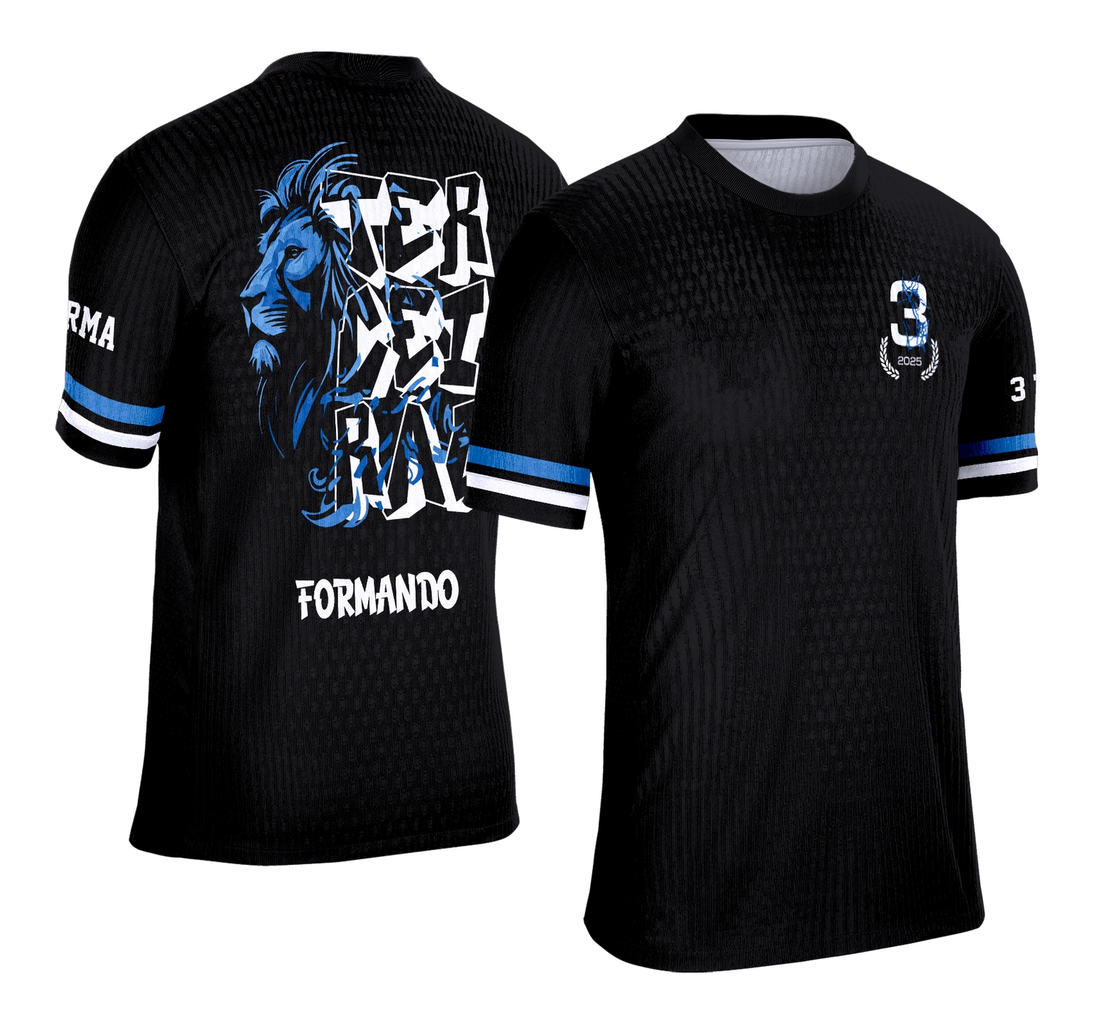 Foto da camisa com logo no peito e estampa grande nas costas com arte do leão azul destacando estilo e personalidade para o Terceirão.