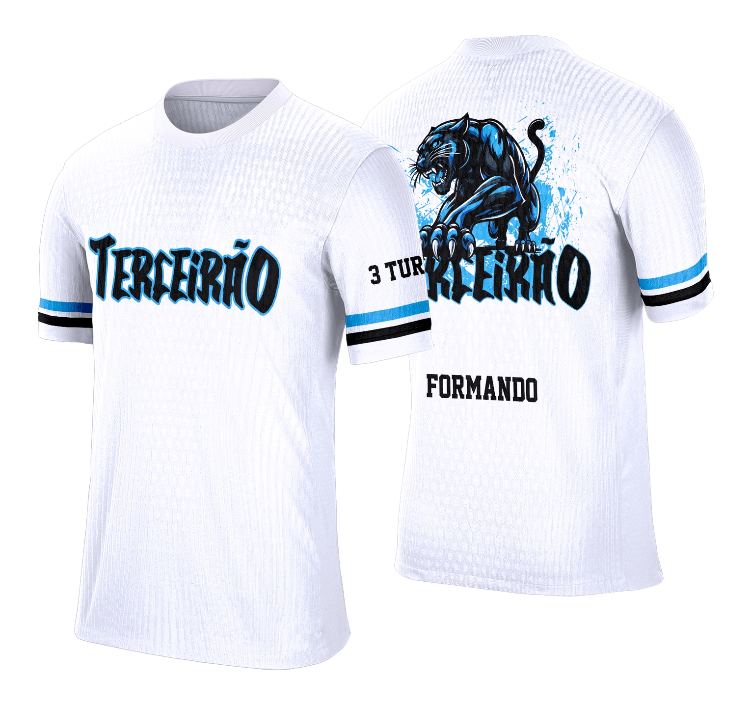 Camisa com logo no peito e estampa grande nas costas apresentando uma poderosa pantera estilizada, ideal para destacar a turma do Terceirão com estilo marcante e visual impactante em eventos escolares.
