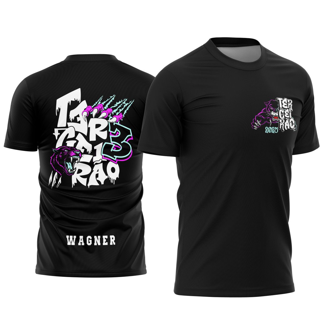 Camisa com logo no peito e estampa grande nas costas com design impactante da Pantera Negra para turma do Terceirão 2026, destacando força e identidade com cores vibrantes e detalhes marcantes.