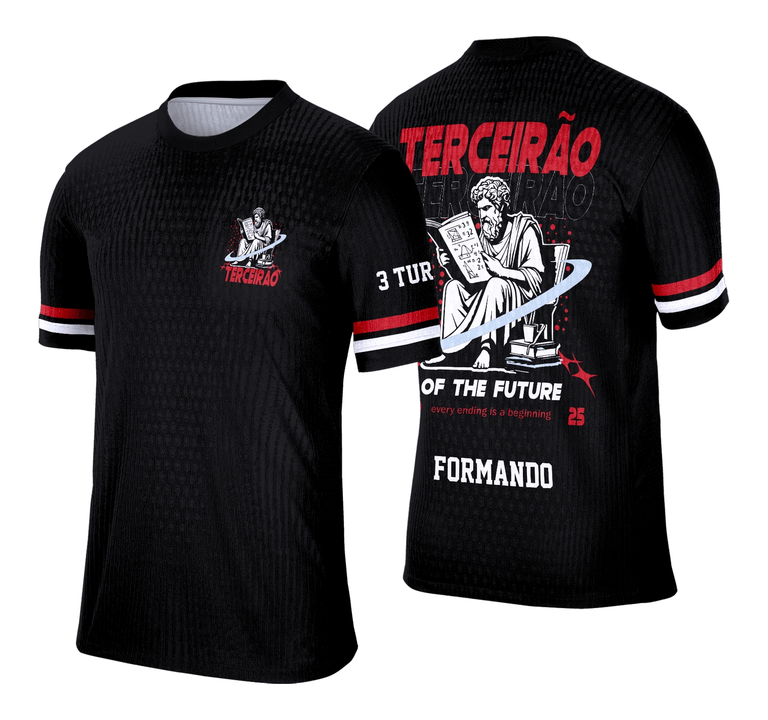 Camisa com logo no peito e estampa grande nas costas apresentando design artístico inspirado em Sócrates, combinando estilo e personalidade para o grupo do Terceirão.