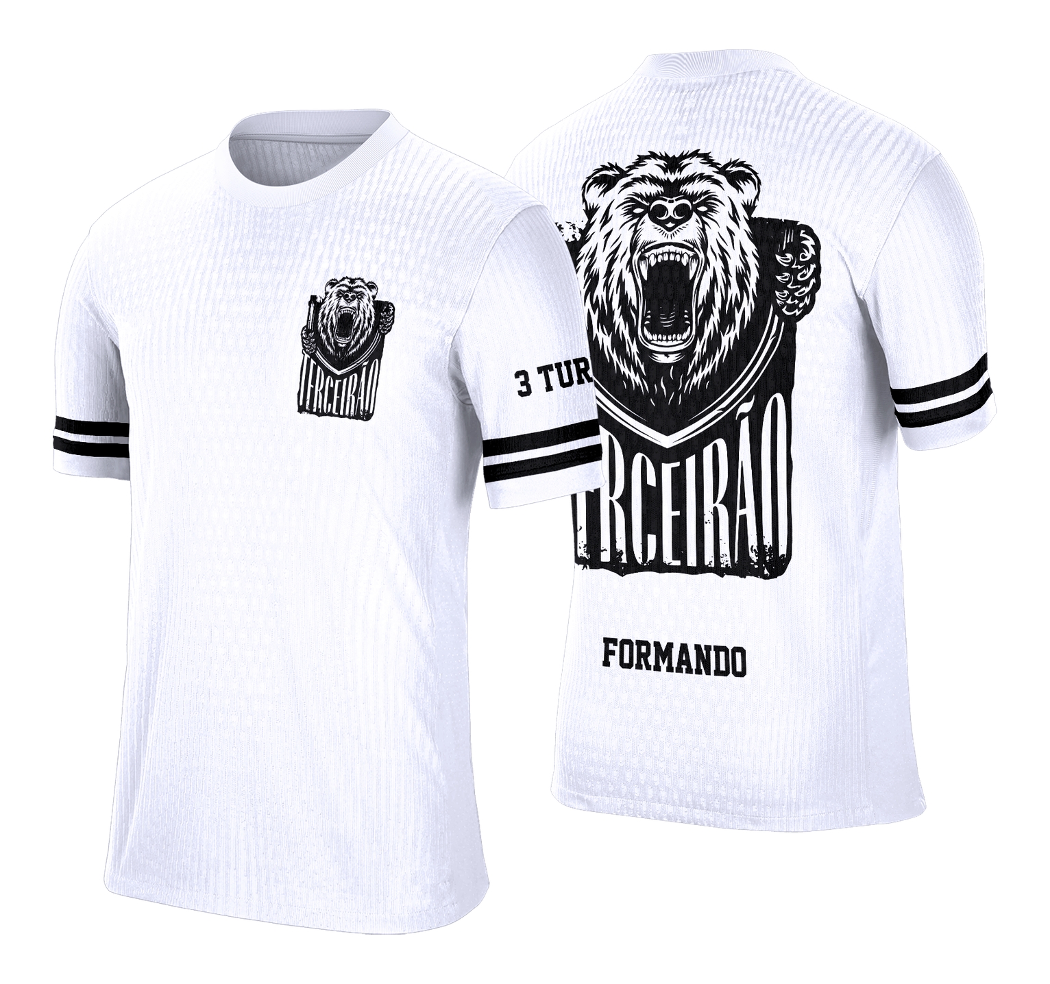Camisa com logo no peito e estampa grande nas costas mostrando um urso estilizado com traços modernos e detalhes marcantes, perfeita para representar o espírito do Terceirão de forma única e impactante.