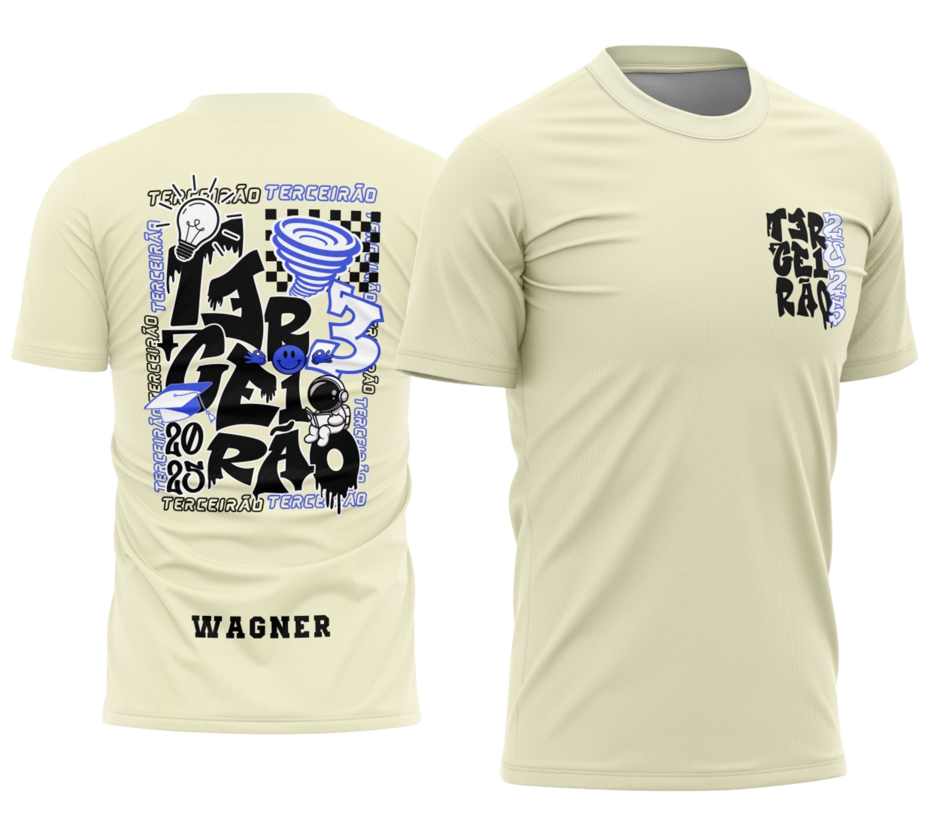 Camisa estilizada com logo no peito e estampa grande nas costas apresentando astronauta em design moderno e vibrante, perfeita para destacar a turma do terceirão com um visual único e cheio de personalidade.