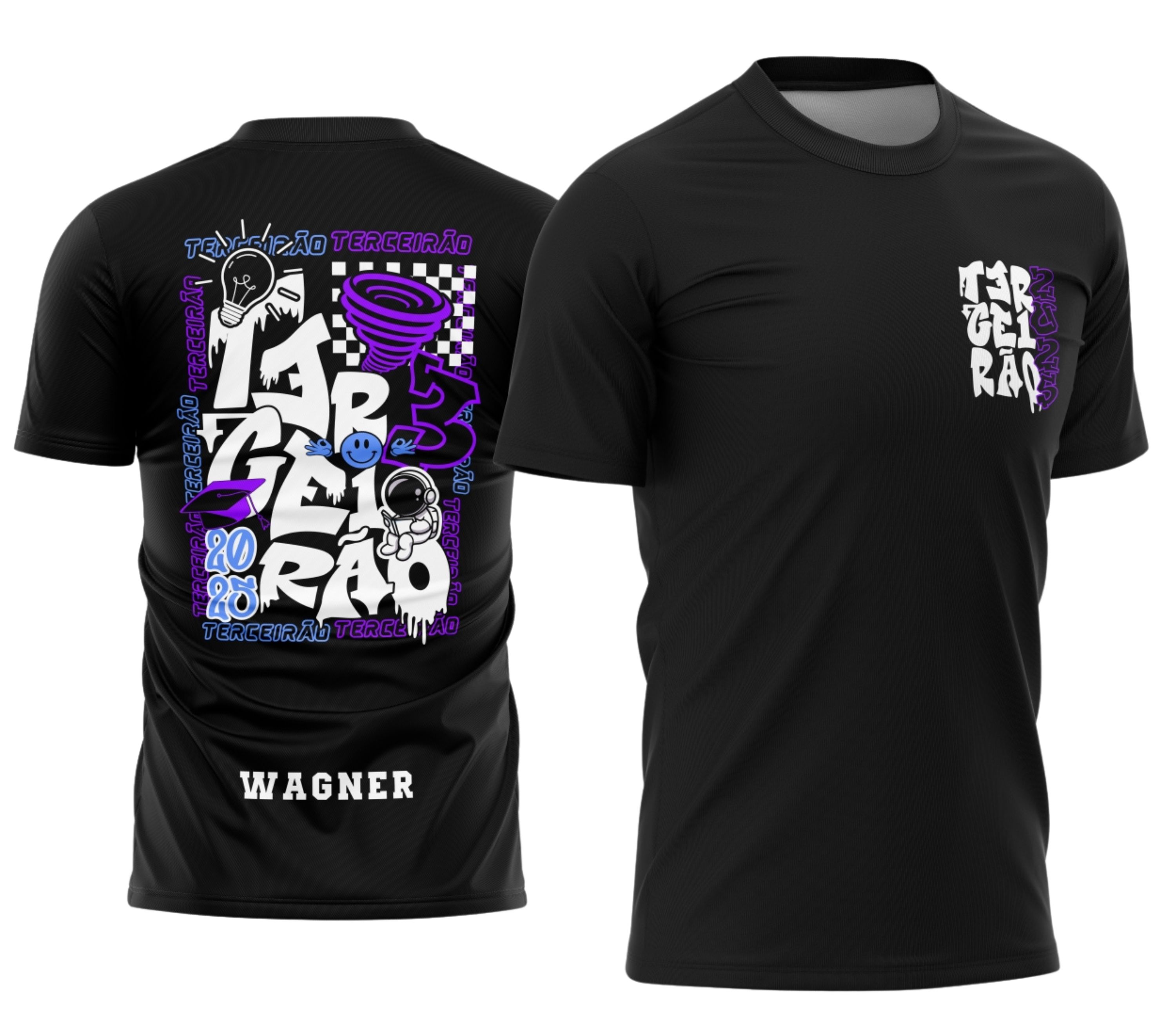 Camisa branca com logo impactante no peito e estampa grande nas costas apresentando um astronauta estilizado em detalhes modernos e vibrantes destacando o tema espacial para o terceirão.