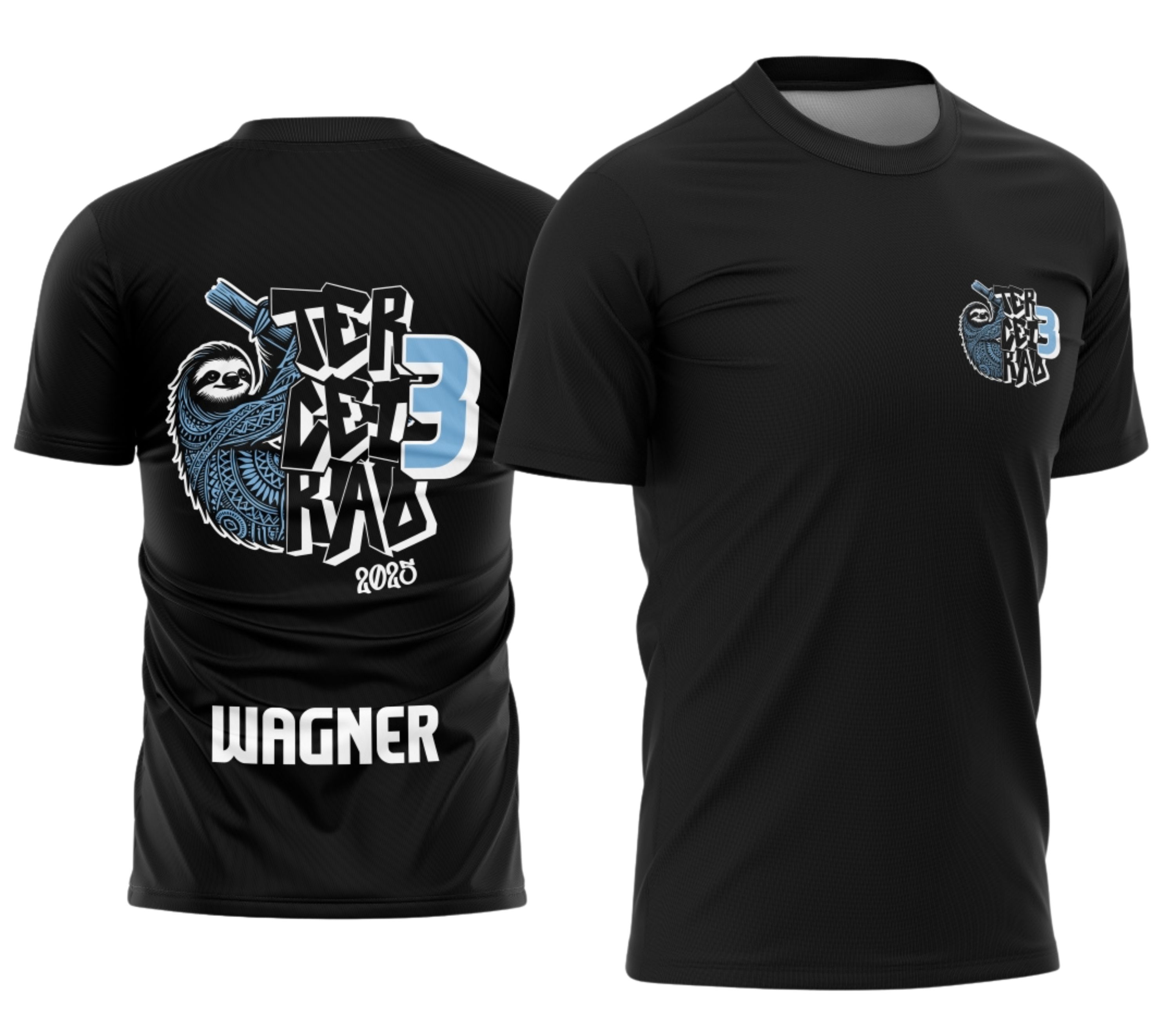 Imagem da camisa com logo no peito e estampa grande nas costas mostrando um bicho preguiça estilizado, ideal para o Terceirão com design descontraído e moderno, perfeita para destacar o grupo com identidade divertida.