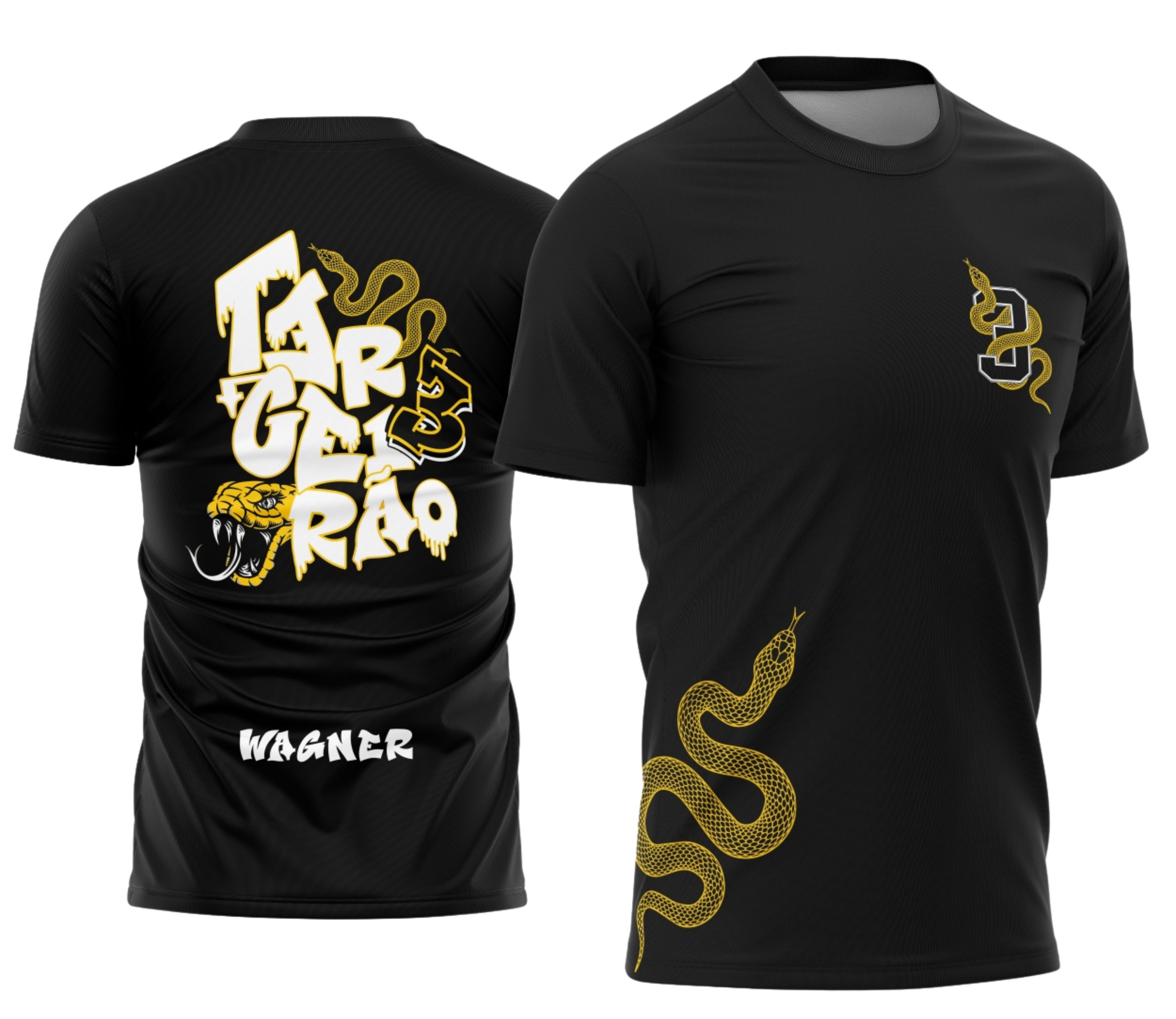 Foto da camisa final com logo no peito e estampa grande nas costas mostrando a impressionante cobra amarelinha em destaque, ideal para quem quer estilo e atitude marcante.