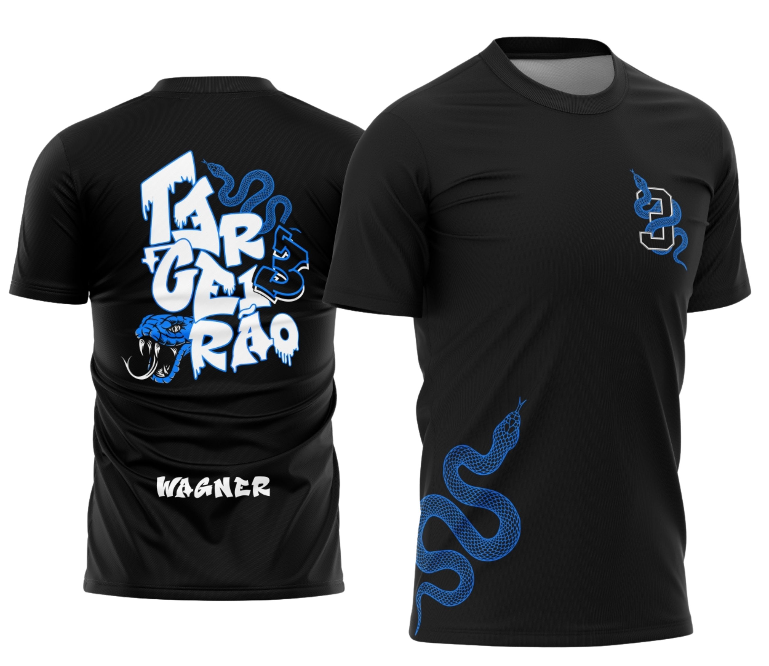 Camisa com logo no peito e estampa grande nas costas em tom azul marinho, destacando uma cobra estilizada com design moderno e detalhes impactantes que despertam o espírito de turma e união.