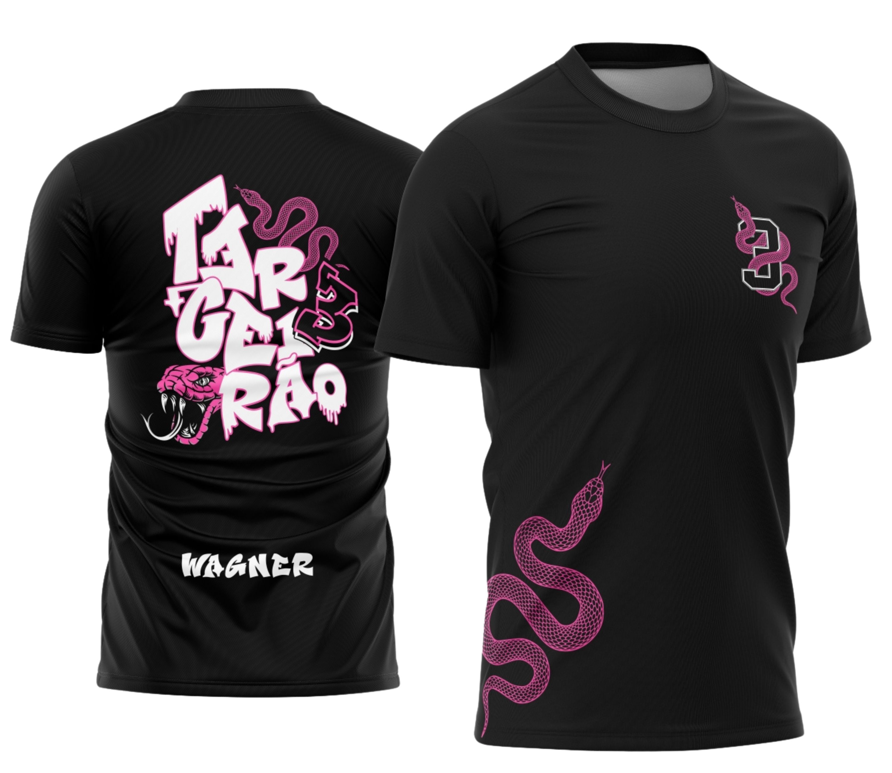Foto de camisa com logo no peito e estampa grande nas costas apresentando uma cobra rosa estilizada, ideal para representar o espírito do Terceirão com design marcante e vibrante.