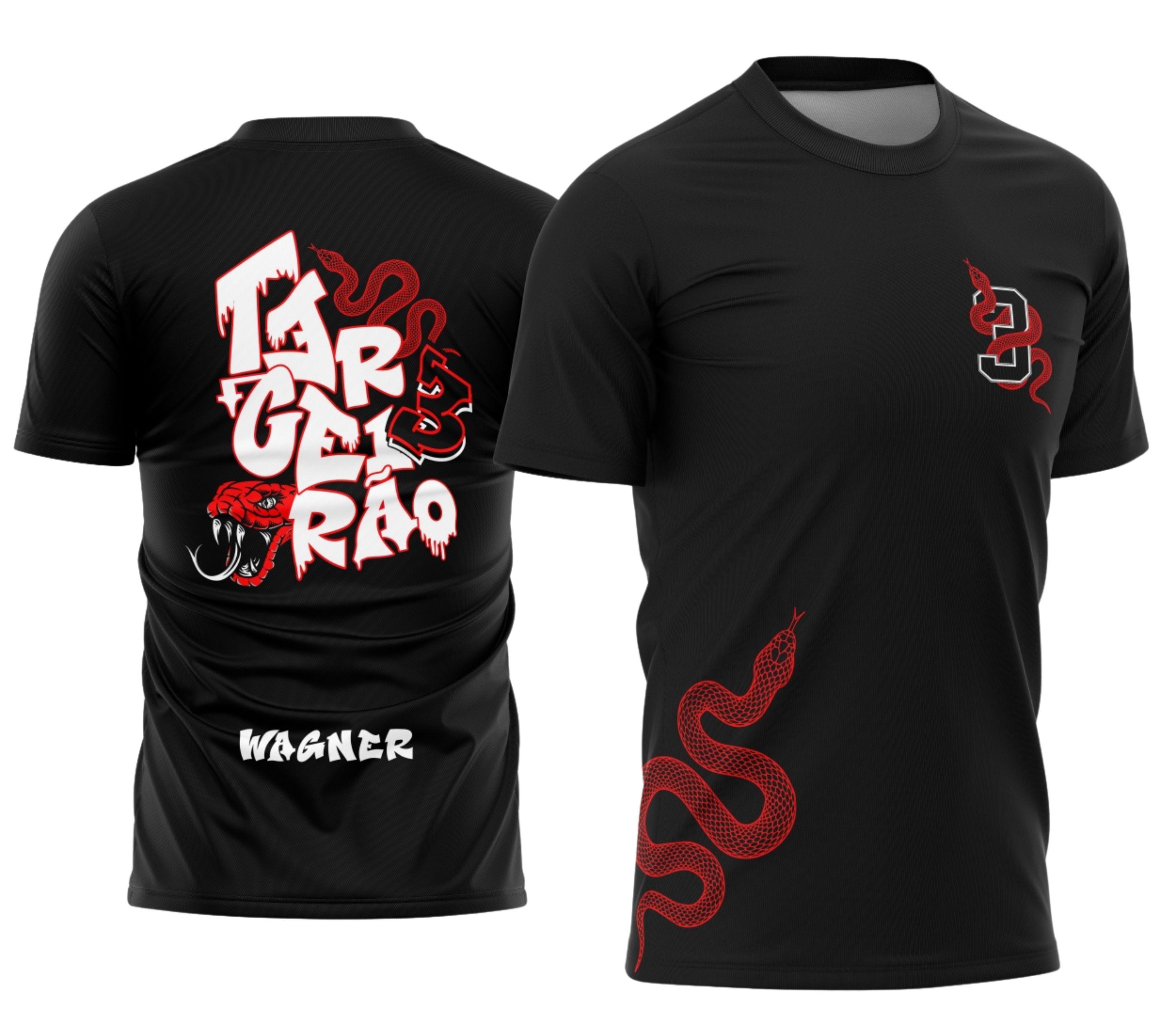 Camisa Terceirão com logo no peito em destaque e estampa grande nas costas, com design que remete à Cobra Vermelha, cores vibrantes em vermelho e preto, estilo moderno e jovial.