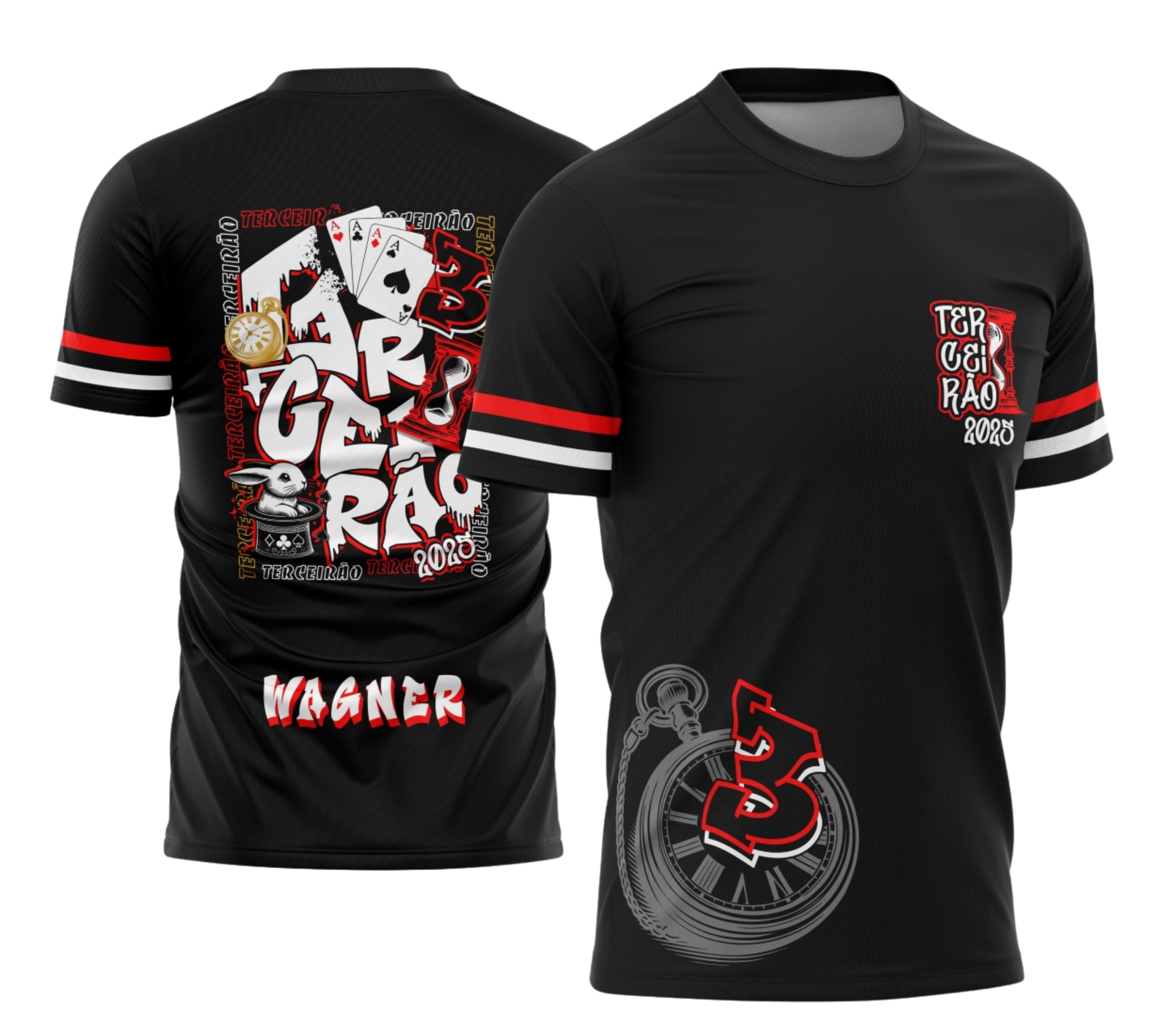 Foto da camisa com logo no peito em destaque e estampa grande nas costas mostrando o símbolo do coelho em design marcante e vibrante com cores contrastantes que ressaltam o estilo da turma do terceirão.