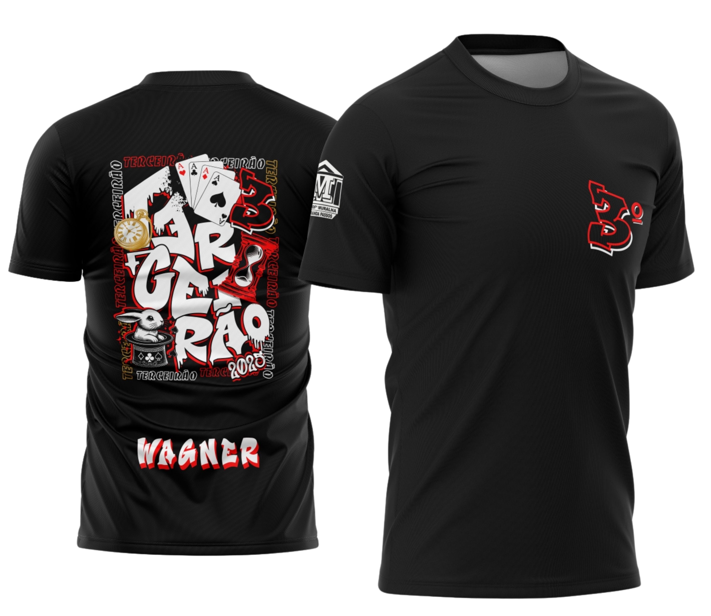 Imagem de camisa finalizada com logo no peito e estampa grande nas costas, destacando design criativo e detalhes únicos que ressaltam a identidade da turma Terceirão Coelho 3 com cores vibrantes e estilo moderno.