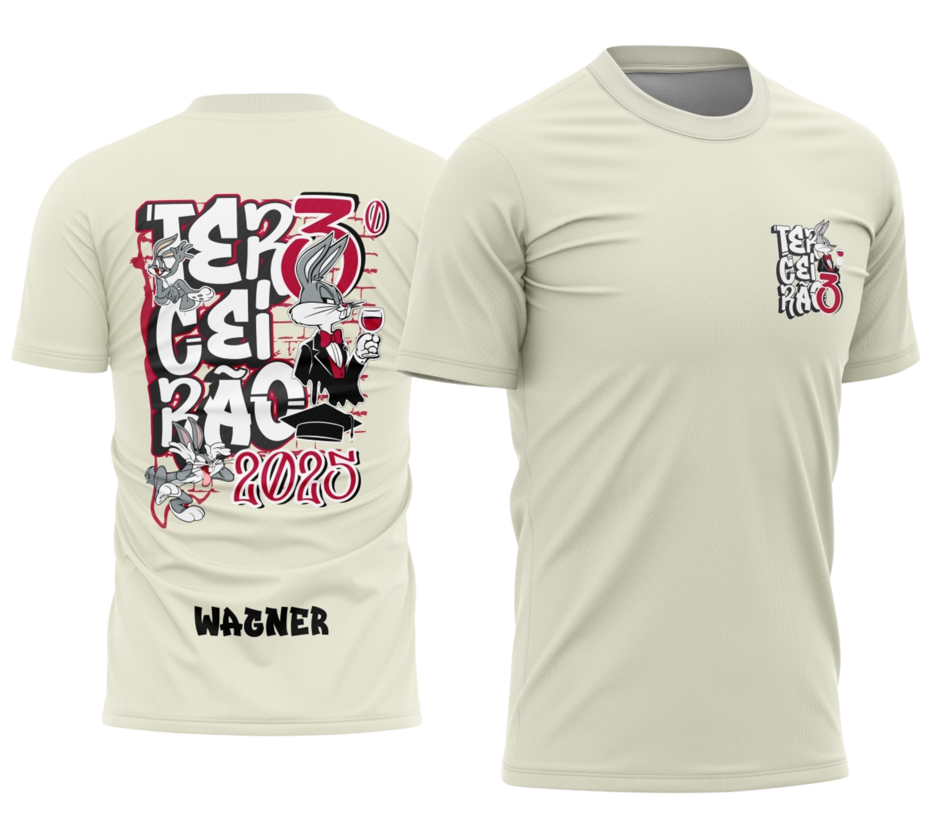 Foto da camisa com logo no peito do Coelho Pernalonga e estampa grande nas costas ilustrando o tema Terceirão com design vibrante e divertido para celebrar o último ano escolar.