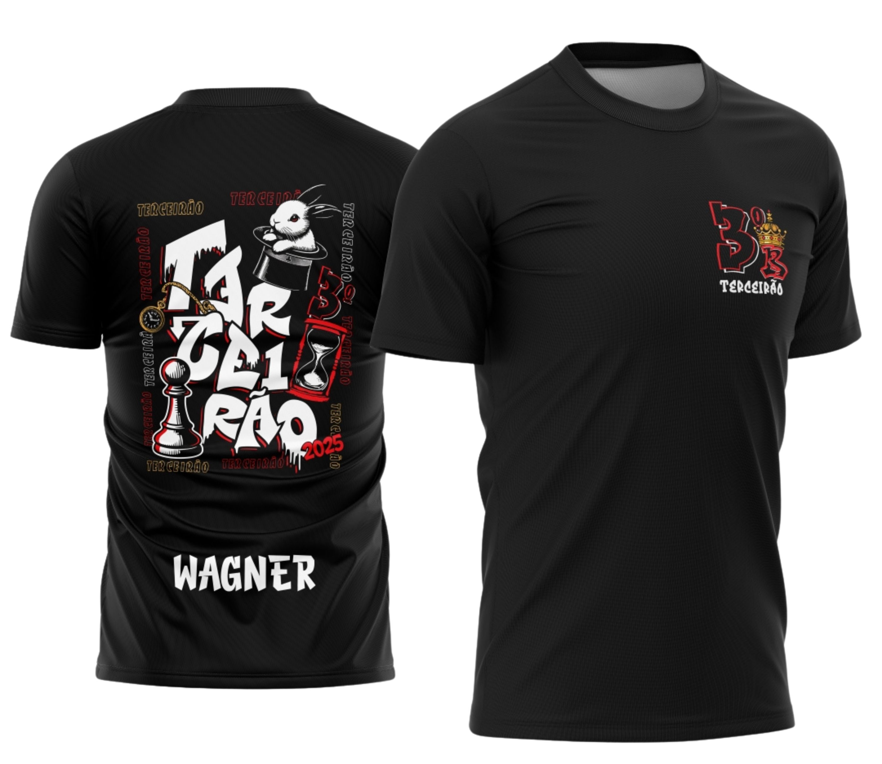 Foto de uma camisa com logo no peito e estampa grande nas costas apresentando um coelho elegante usando cartola, design vibrante e detalhado, ideal para celebrações do Terceirão.