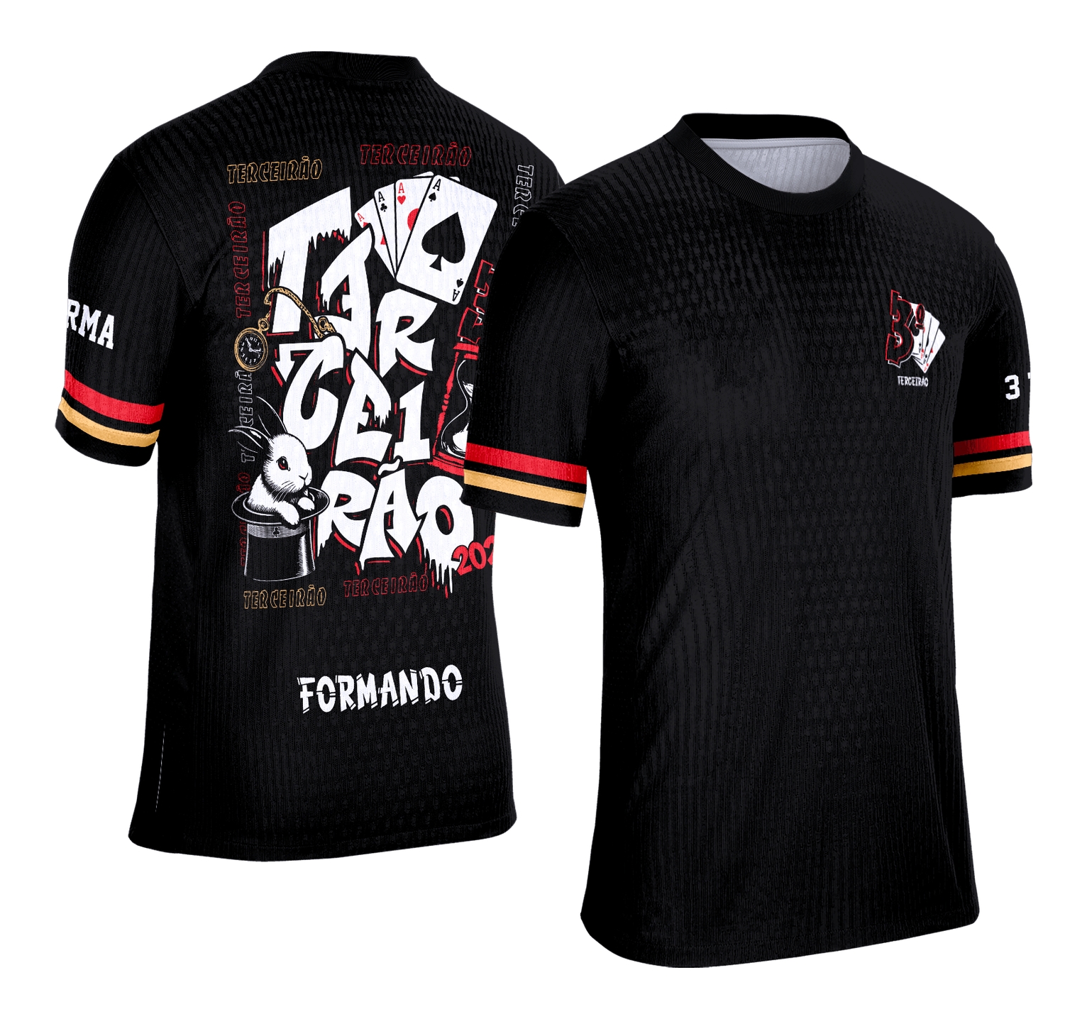 Foto da camisa Terceirão com logo no peito e estampa grande nas costas mostrando um coelho elegante usando cartola