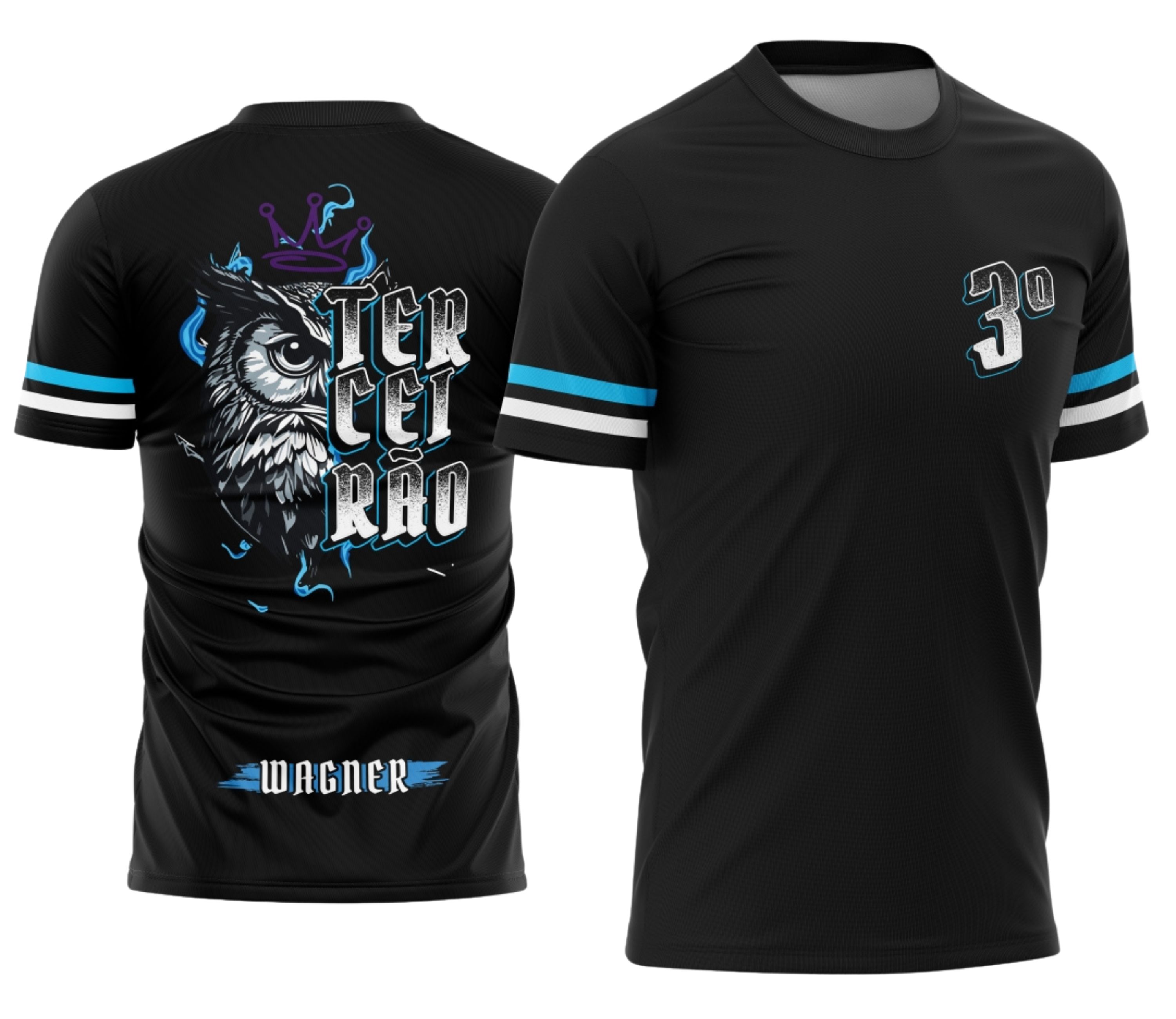 Camisa com logo no peito e estampa grande nas costas, apresentando design da coruja estilizada que simboliza sabedoria e união entre os estudantes do Terceirão.