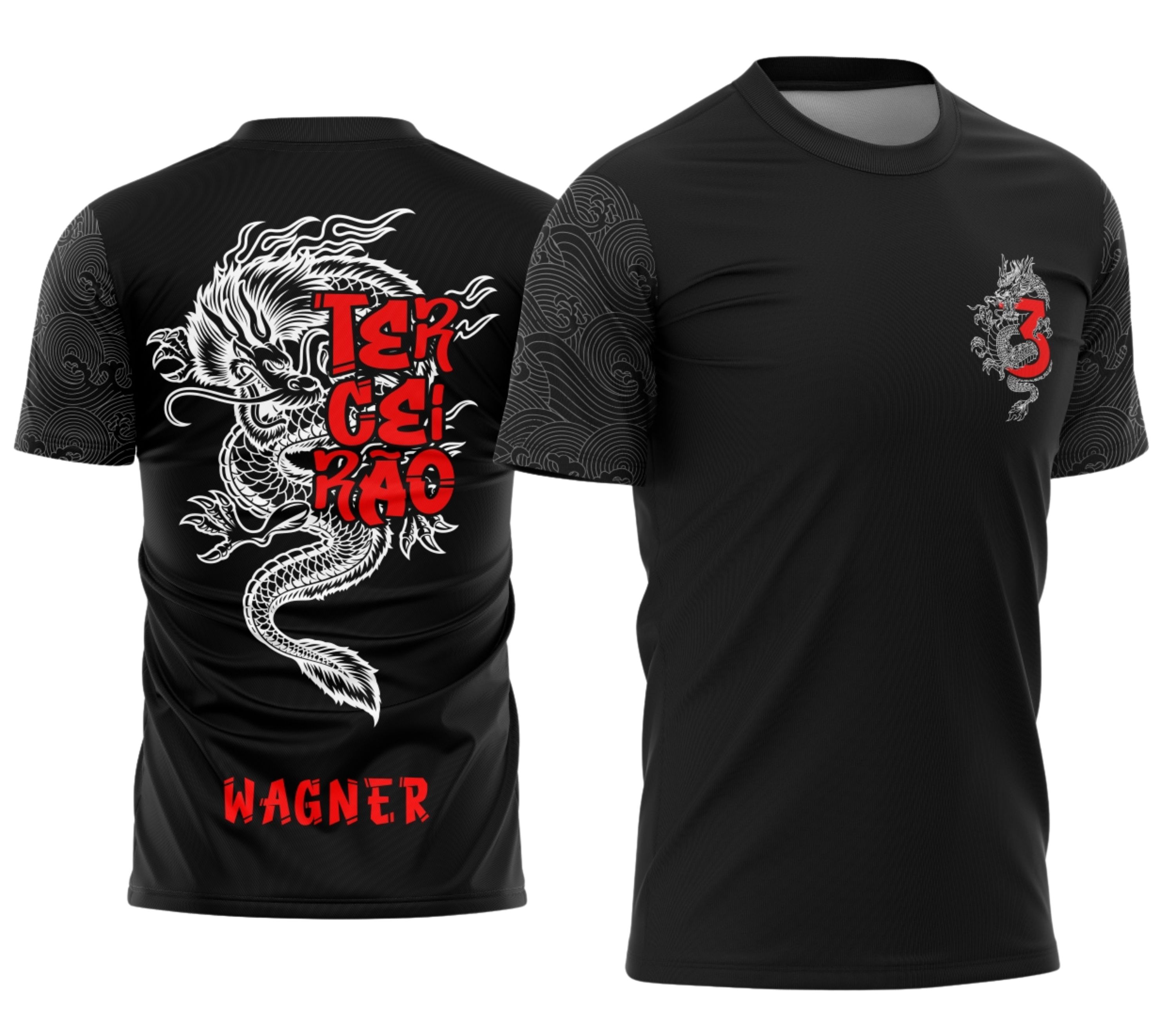 Camiseta preta unissex com logo no peito e estampa grande nas costas do dragão flamejante, design inspirado no tema Terceirão Dragão Flamejante, perfeita para turma de formatura.