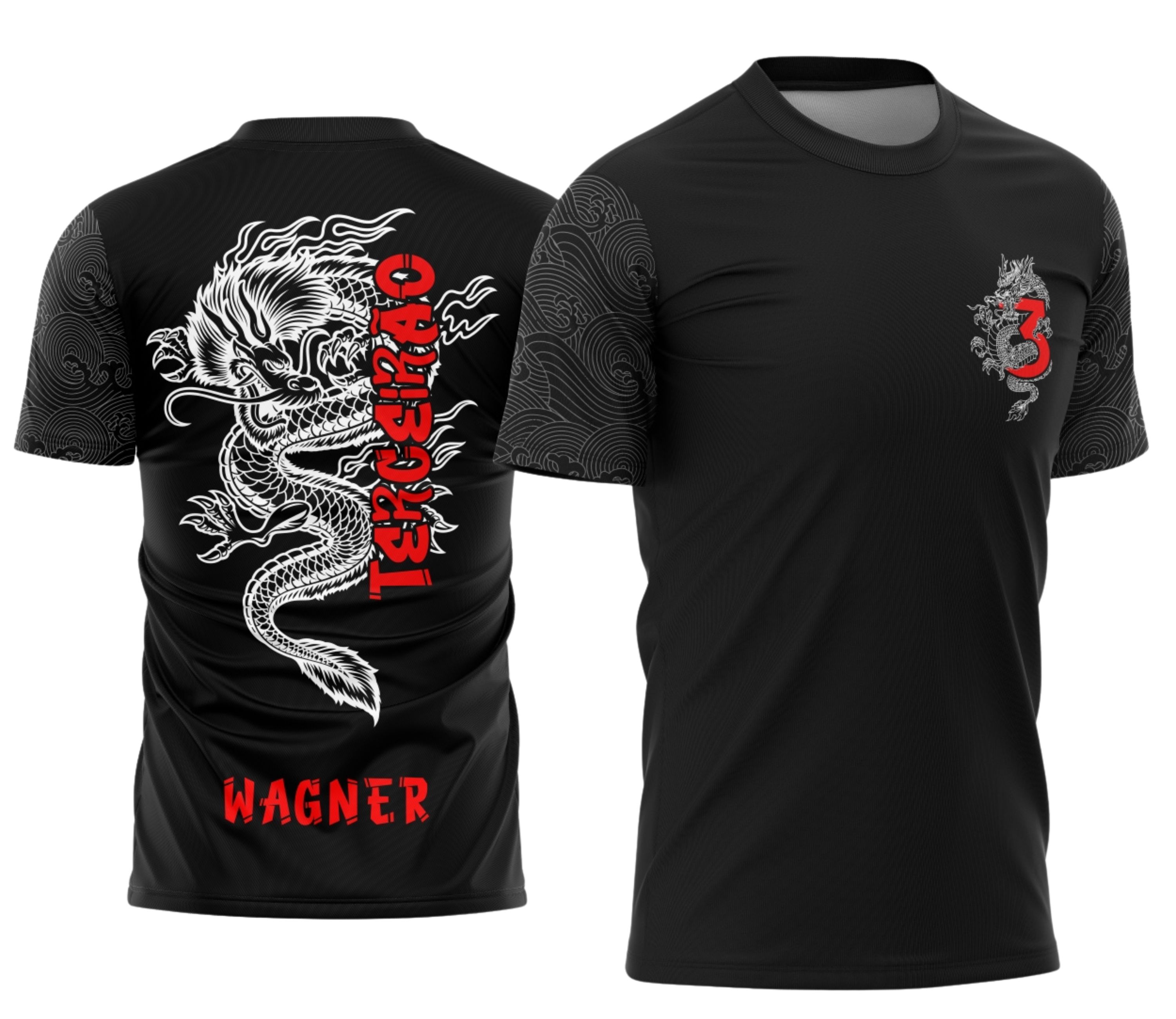 Camisa com logo no peito em destaque e estampa grande nas costas representando o dragão vermelho, design vibrante e cheio de personalidade.