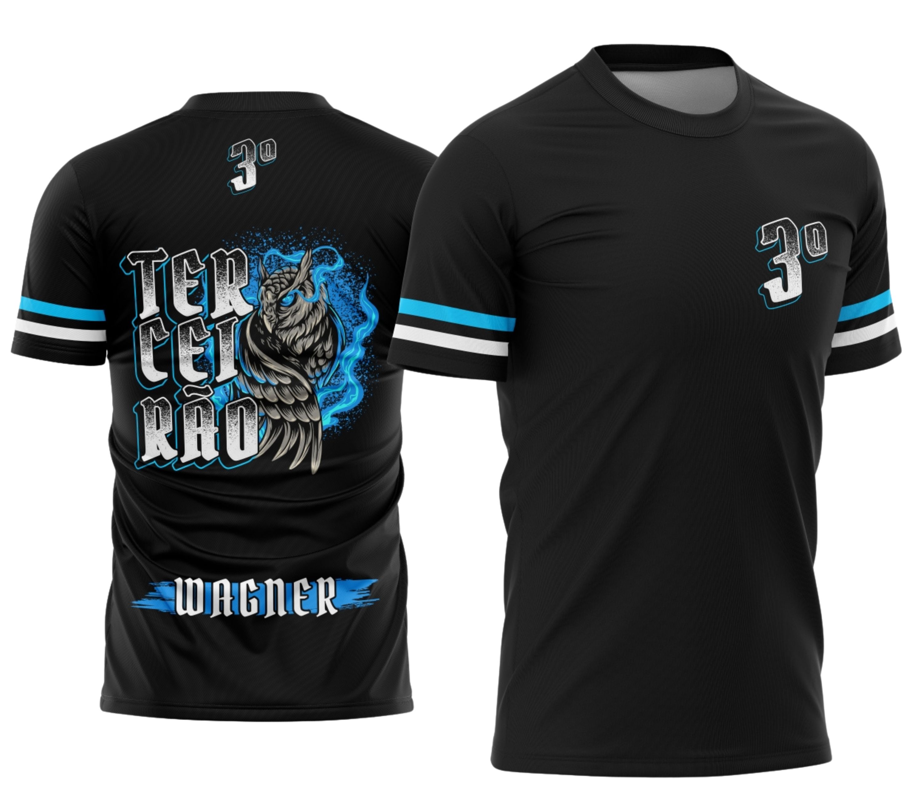 Camisa com logo no peito destacando a coruja, estampa grande nas costas em tons de azul com detalhes em chamas, perfeito para formandos do Terceirão, com design marcante e moderno.
